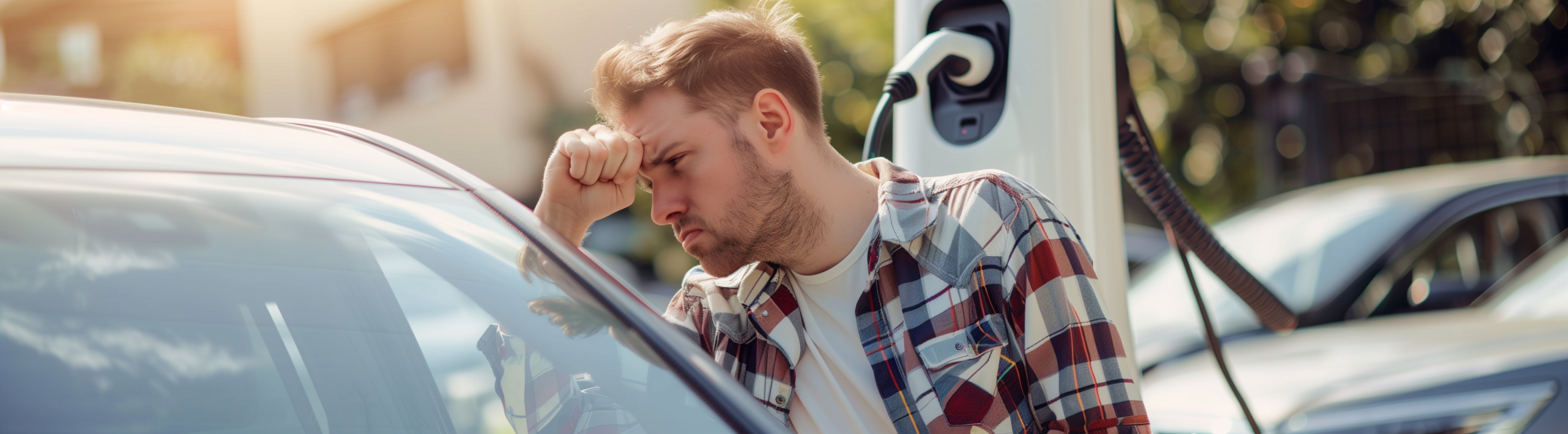 man struggling to figure out charging his electric car jowua