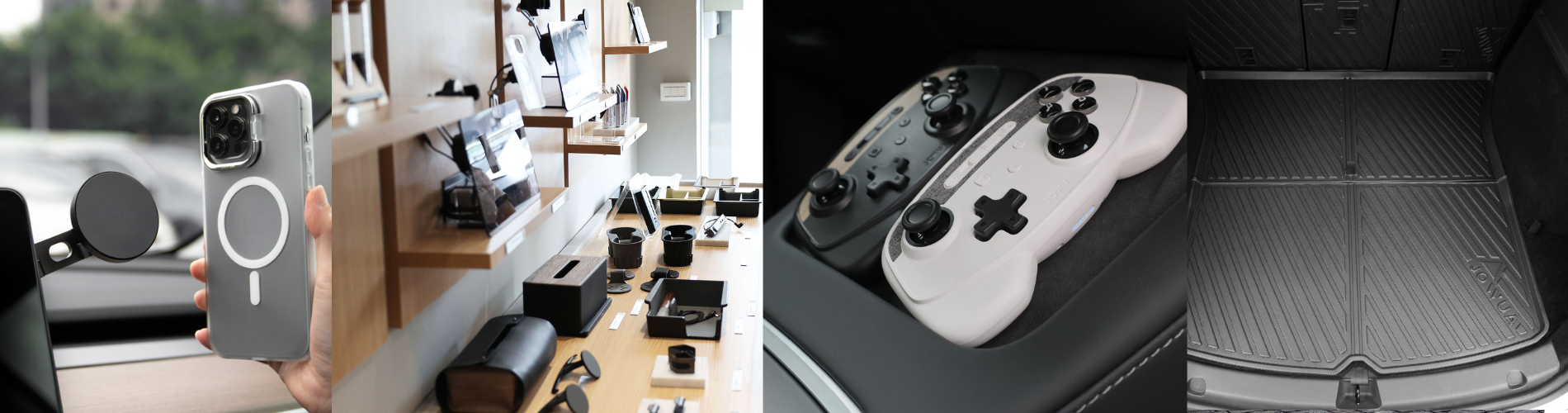 A hand holds a phone case with a circular pattern. Nearby, shelves display tech accessories. Two gaming controllers rest in a car console. The car trunk features a textured mat.