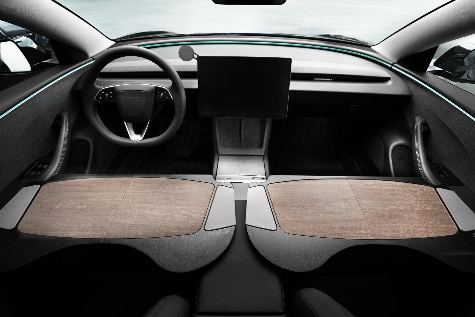 Futuristic car interior with a minimalist dashboard, a large central touchscreen, and smooth surfaces. The steering wheel is sleek, and there are wood accents on the console.