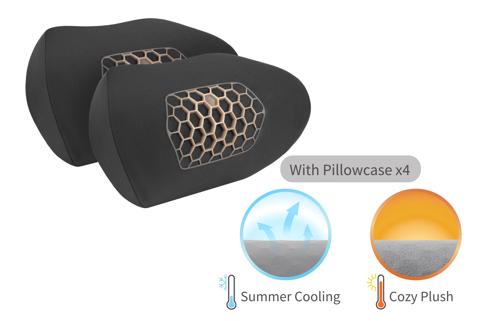 Two JOWUA Car Neck Pillows in black feature a hexagonal pattern with adjustable height for personalized comfort. Icons indicate "With Pillowcase x4," "Summer Cooling" with a breeze graphic, and "Cozy Plush" showcasing the dual-material combination for warmth and softness.