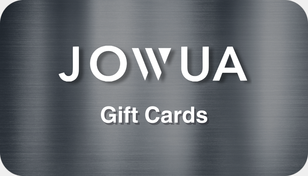 A sleek, modern gift card features the "JOWUA" brand in bold white letters at the top, accompanied by "Jowua Gift Card" elegantly below on a textured rectangular metal surface, making it an ideal choice for fans of tech gadgets and innovative accessories.