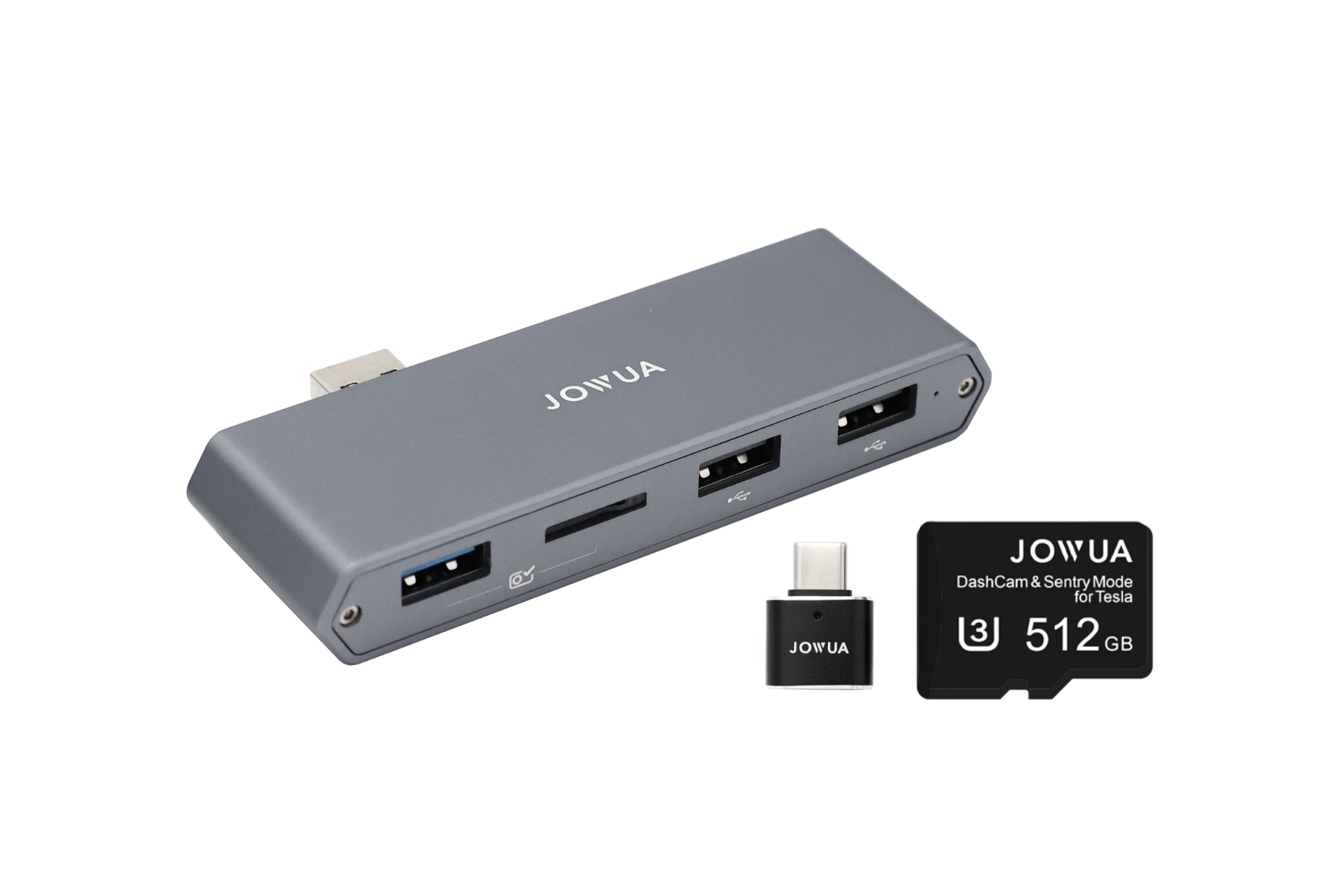 The 3-Port USB DashCam Hub (MicroSD Reader) V2 by JOWUA, presented in gray and tailored for Tesla, is displayed next to a compact USB connector and a 512 GB microSD card.