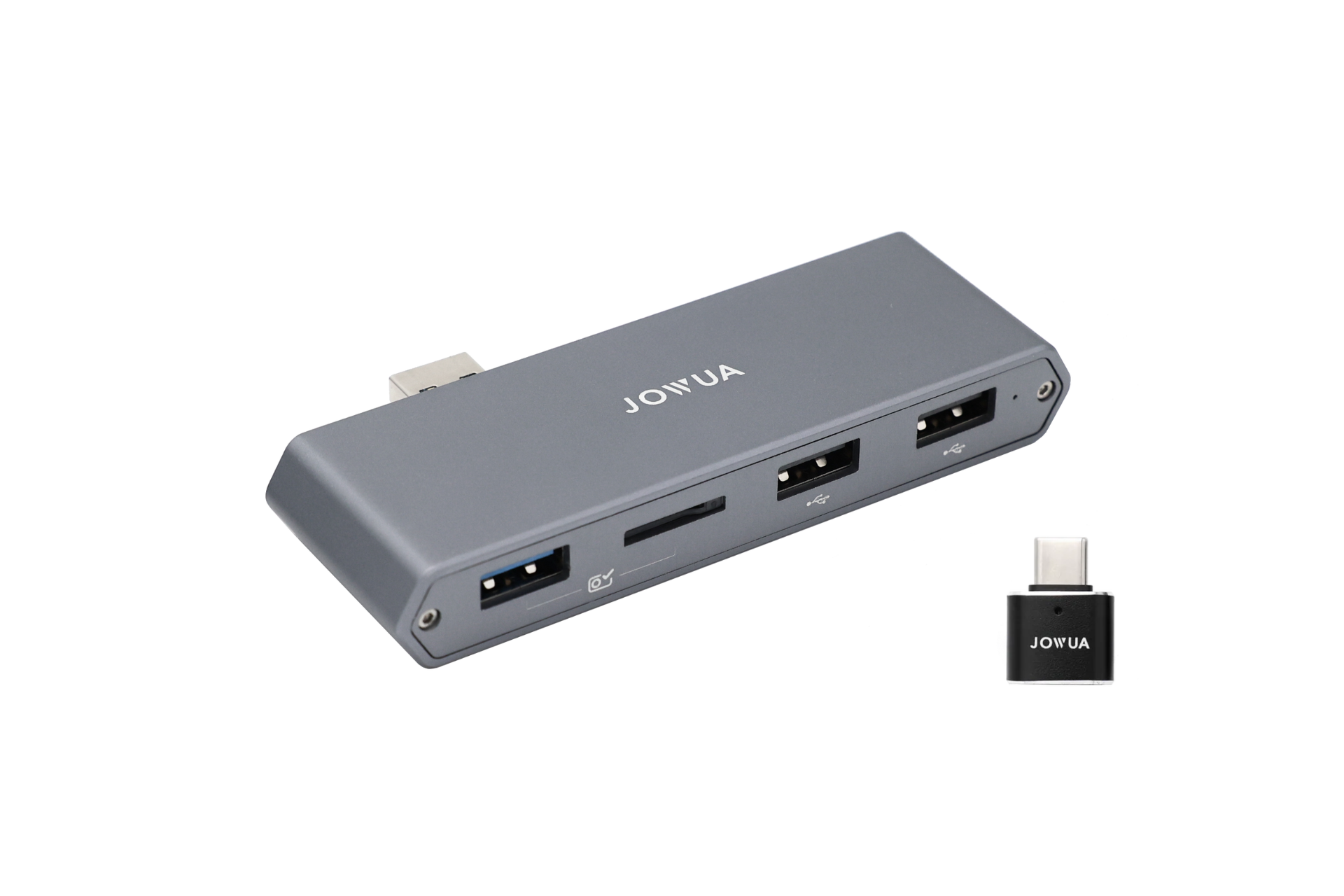 A Dual-Function Storage HUB in gray, perfect for Tesla accessories, features three USB ports and a MicroSD card reader. It includes a small black USB adapter. Both branded with "JOWUA," the hub comes with a connector on one end, making it ideal for seamless data port expansion without electromagnetic interference.