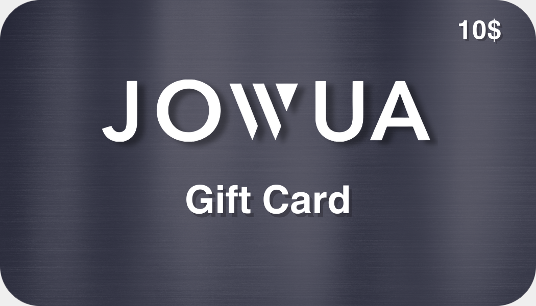 A sleek silver metallic gift card from JOWUA, showcasing "Jowua Gift Card" in white. The top right corner prominently features "$10," granting access to Jowua's innovative solutions and accessories.