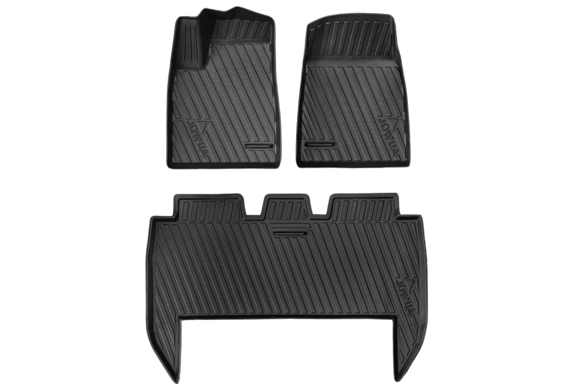 These Model X All-Weather Floor Liners by JOWUA, specifically designed for the Tesla Model X, consist of two front pieces and a larger rear piece. Each liner features a ribbed texture and sleek 