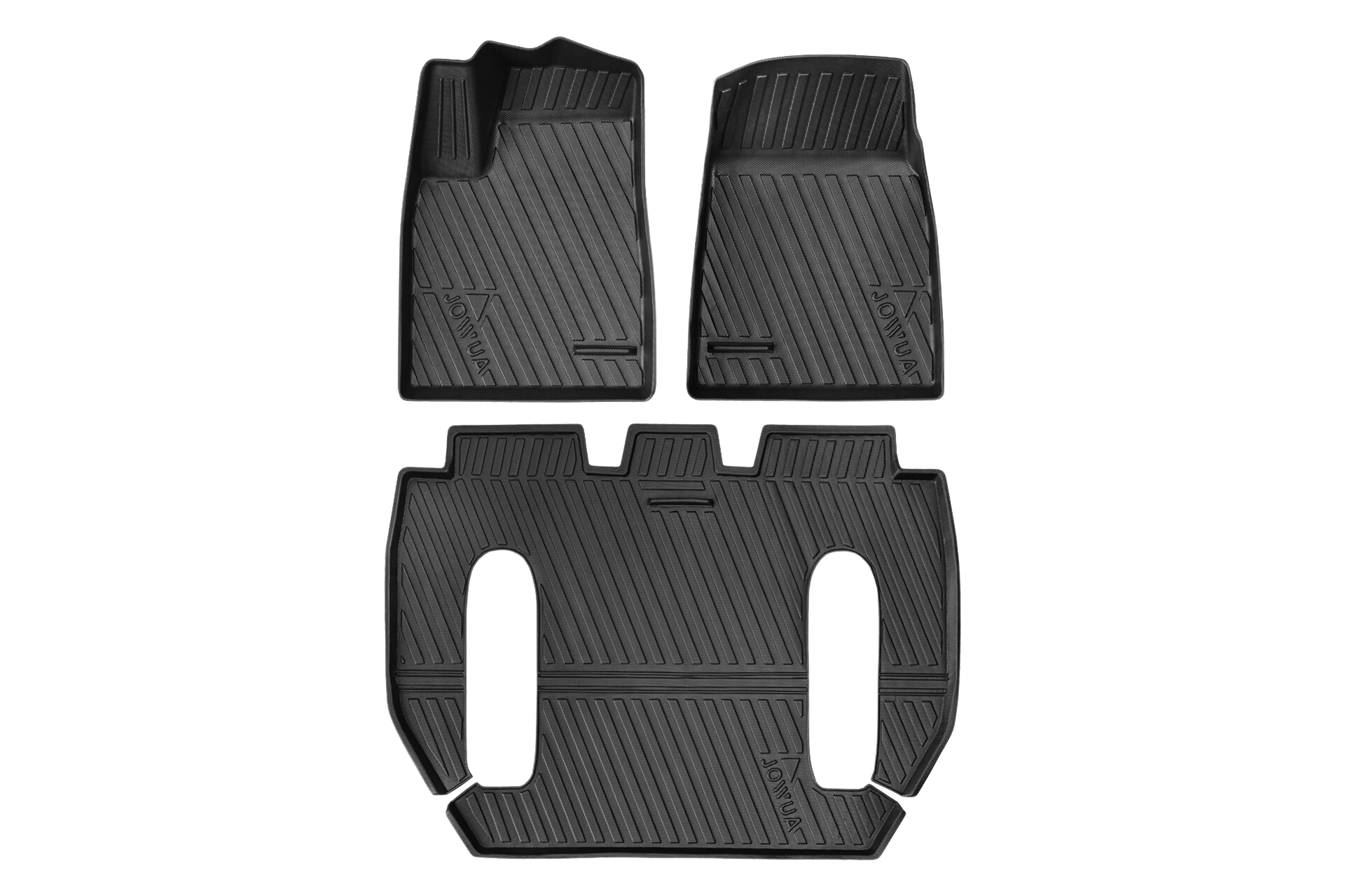 The JOWUA Model X All-Weather Floor Liners set includes three black liners with grooved patterns for enhanced grip and spill containment, designed to fit both the front and rear vehicle footwells. These floor liners feature an embossed brand logo, offering a blend of style and functionality.