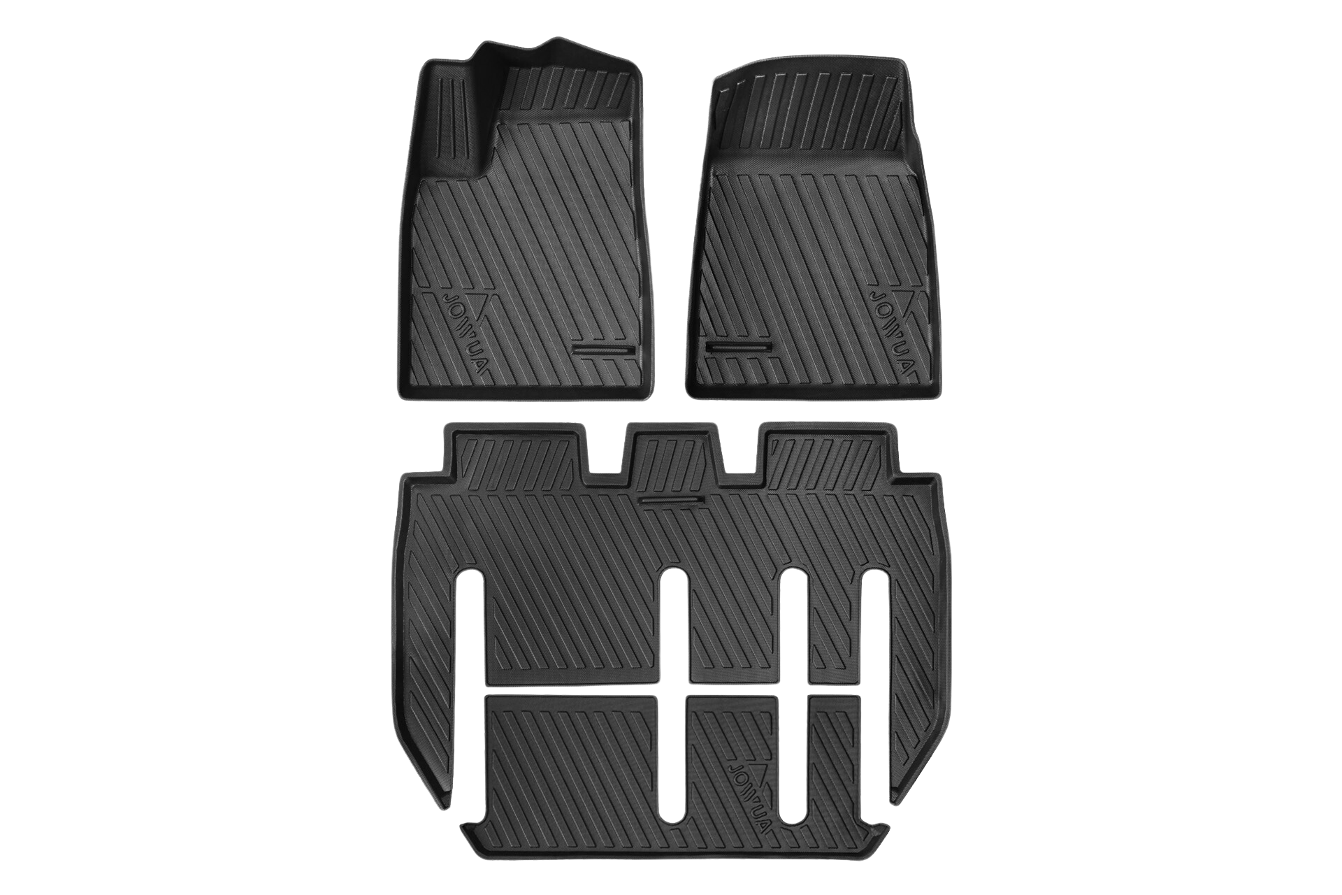 A set of JOWUA Model X All-Weather Floor Liners in black, featuring a textured, grooved design. This set includes two front mats and one rear mat, expertly crafted to fit snugly within the interior of your Tesla Model X.