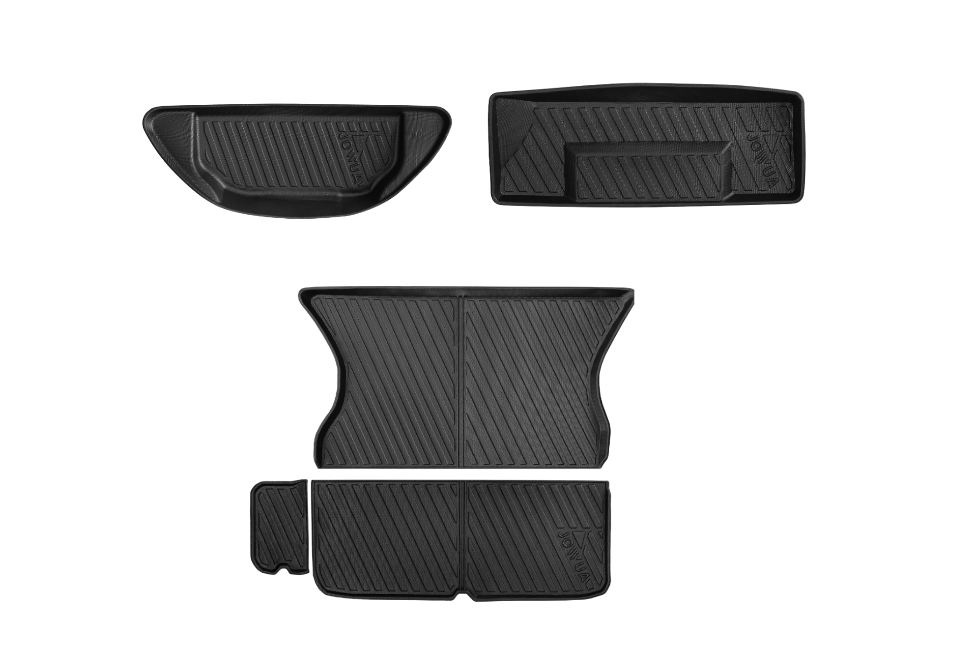 Introducing the All-Weather Shield Trunk Liners by JOWUA, specifically crafted for the Tesla Model X (2021+). These black rubber liners are designed to be waterproof, providing excellent protection against dirt and wear. The surface flaunts a textured design with grooves that enhance traction and effectively channel debris, prominently showcasing the JOWUA brand.