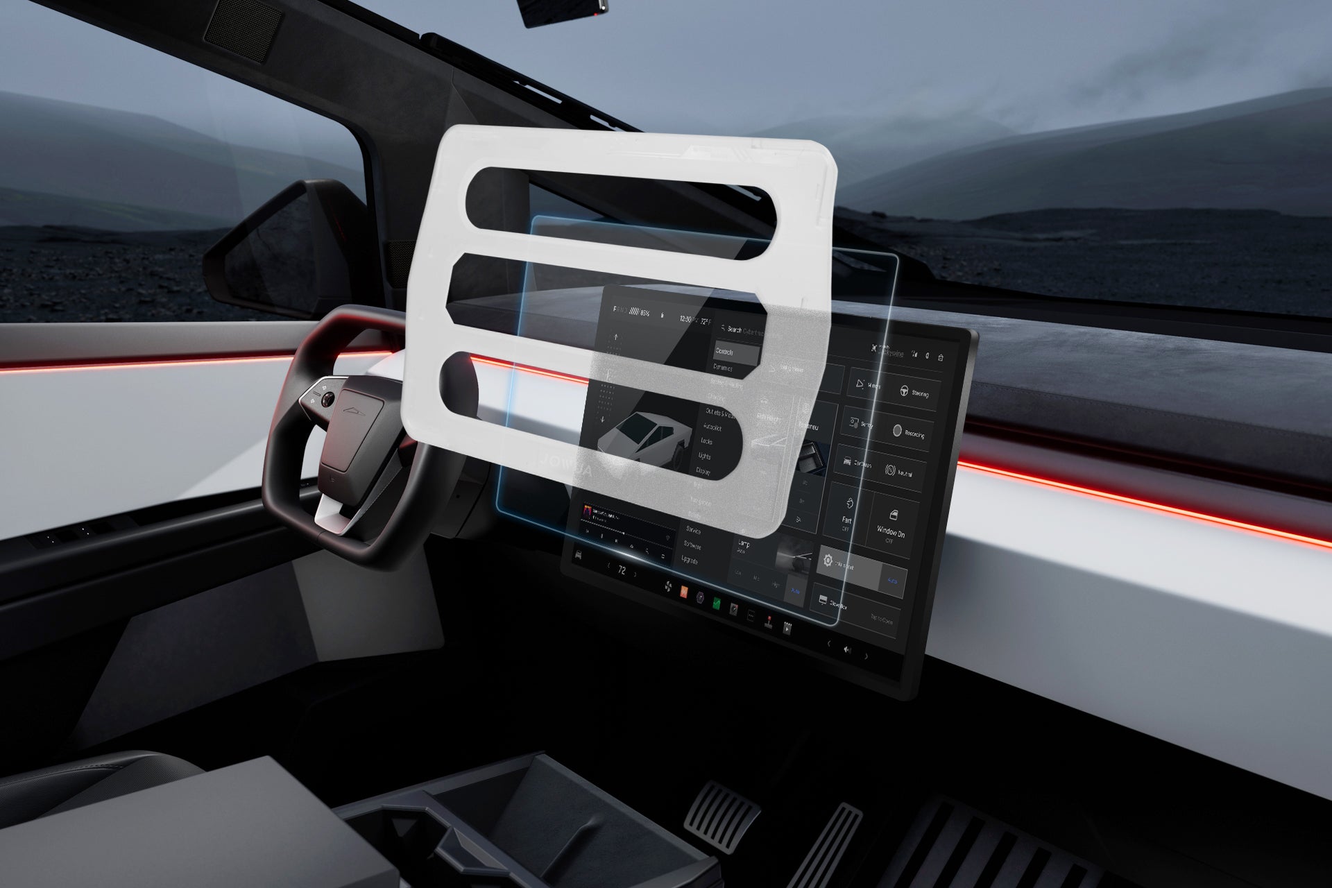 The futuristic interior of the Cybertruck showcases a sleek steering wheel and a JOWUA Tempered Glass Screen Protector on its digital dashboard. The minimalistic design with red accent lighting complements the open, panoramic view for a modern, captivating look.