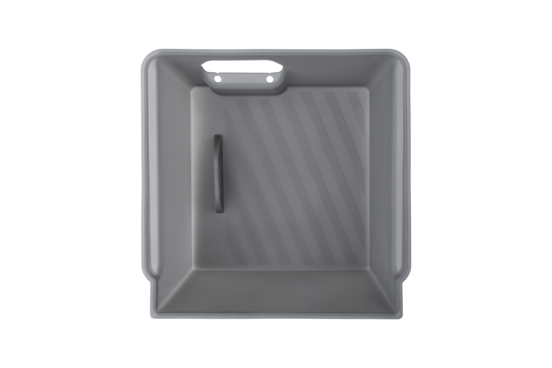 A square dustpan, featuring a gray finish and black handle, mirrors the sleek design of the JOWUA Model Y Juniper Premium Bundle. With ribbed detailing inside and a rectangular cutout handle at the top, it stands out against a solid green background.