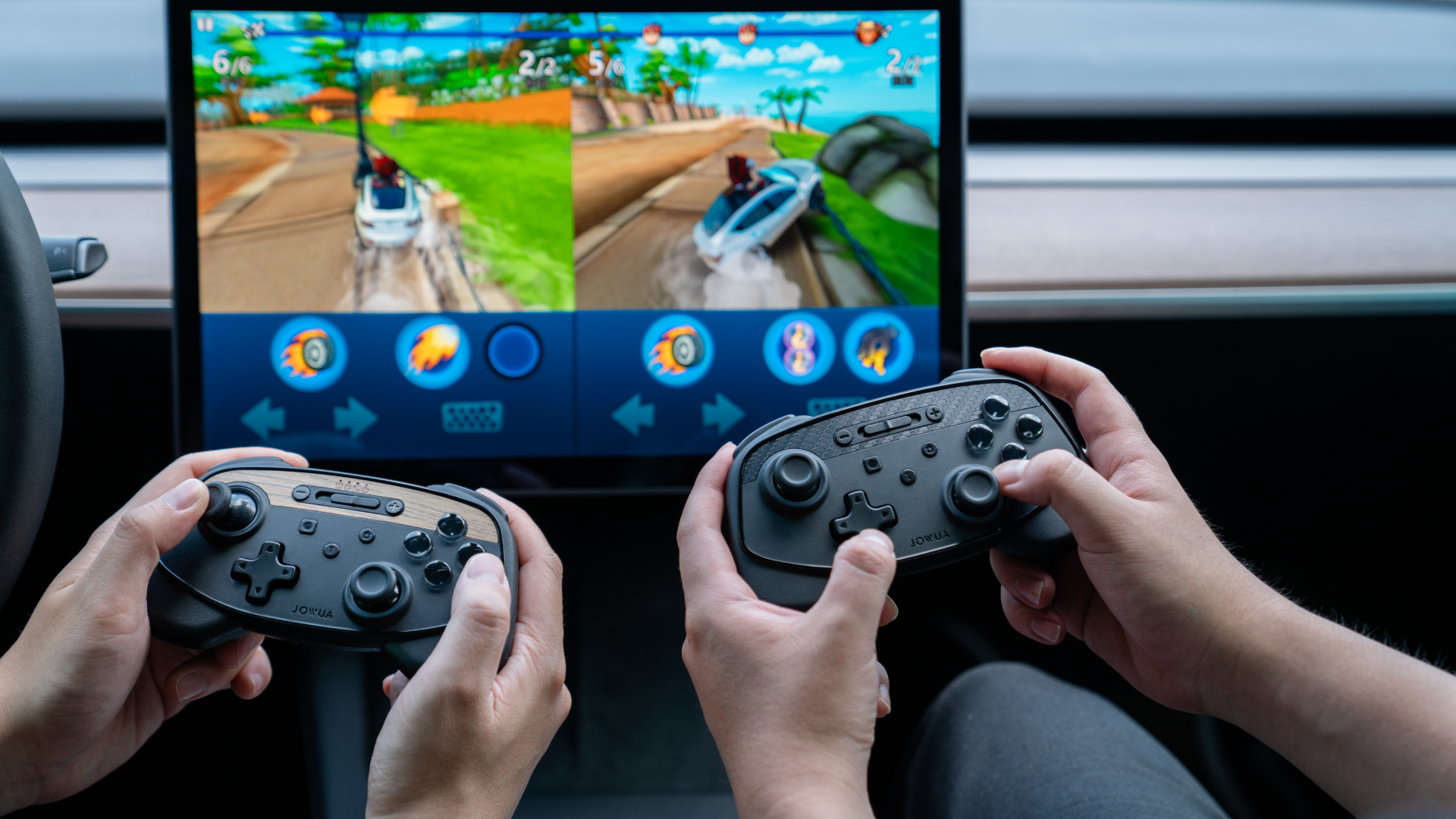 Two friends are engrossed in a racing video game, utilizing the JOWUA Wireless Tesla Game Controllers Combo (Reengineered Model 3 Highland, 2024+) for seamless navigation. The split-screen view is filled with vibrant graphics, amplifying the excitement. It’s an experience reminiscent of using a Multi-Device Switch, ensuring smooth gameplay transitions.