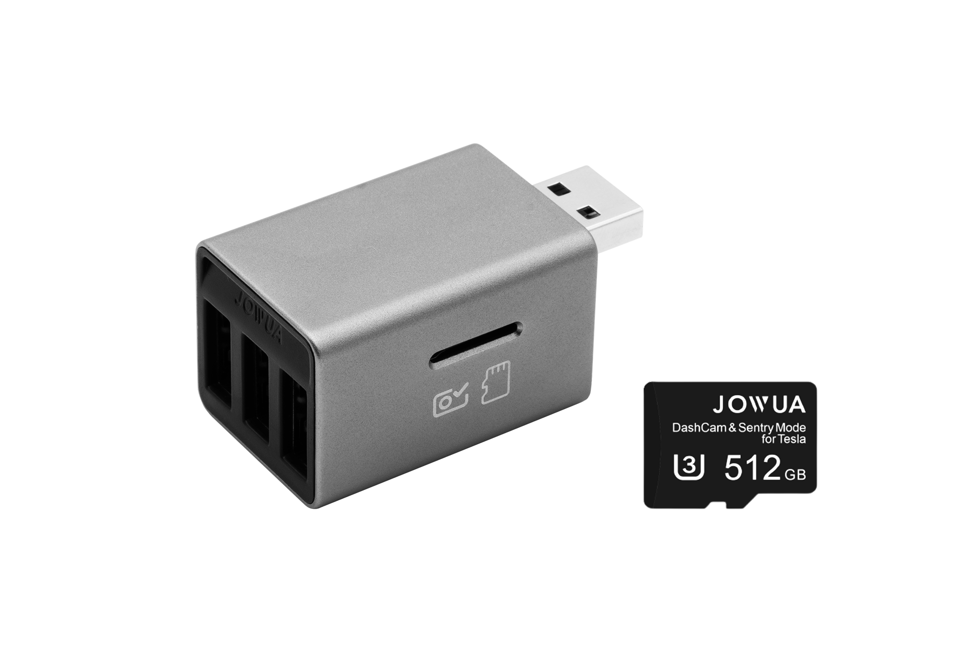 The JOWUA 3 Port USB HUB with DashCam Reader is displayed alongside a 512GB microSD card. Featuring HiSpeed USB ports and an SD card slot, it is designed to efficiently support dashcam and sentry mode functions.