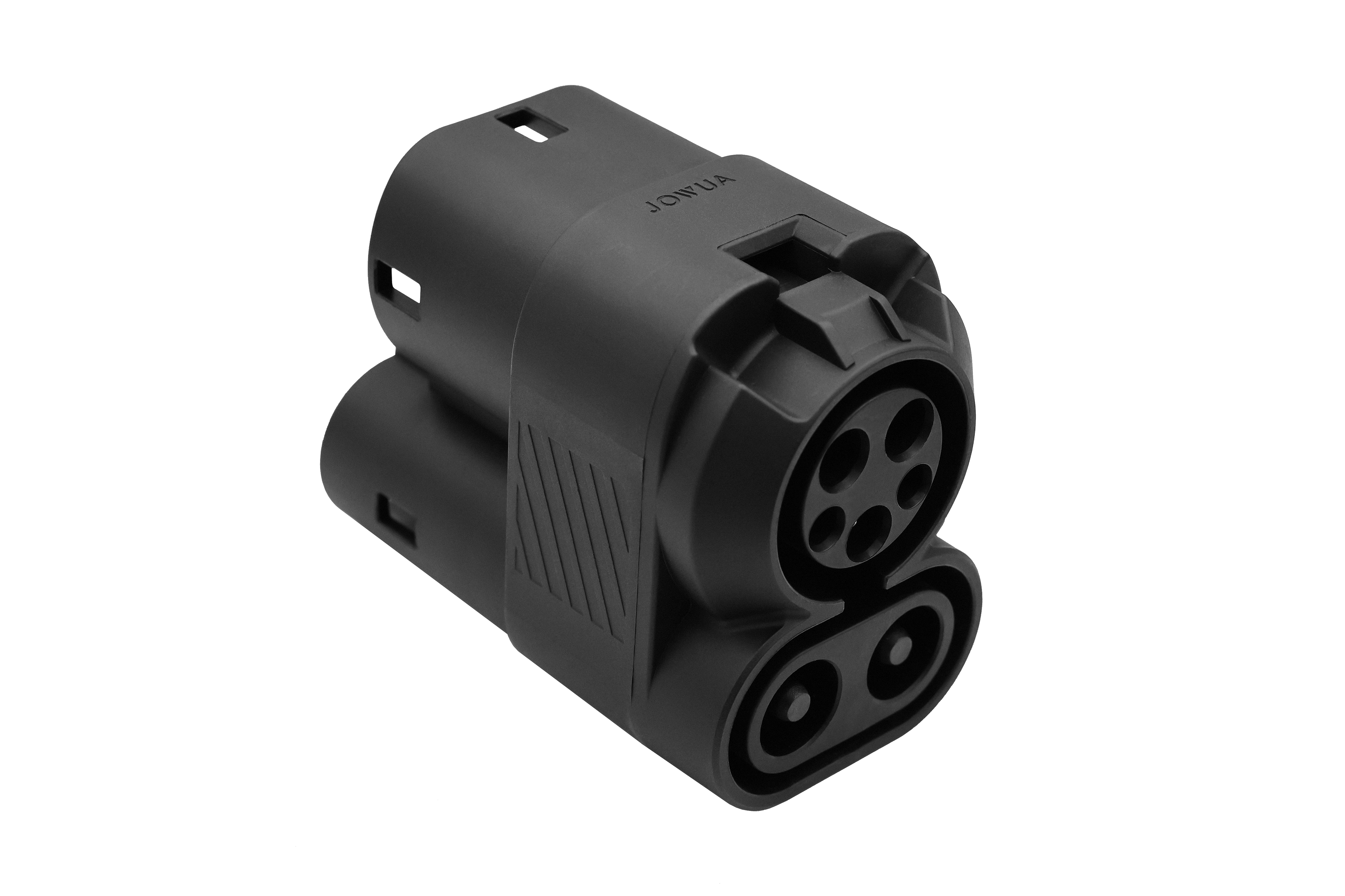 A JOWUA CCS1 to CCS2 Adapter, suitable for CCS2 electric vehicles, features a sleek, black cylindrical design with multiple circular ports and is displayed on a plain black background.