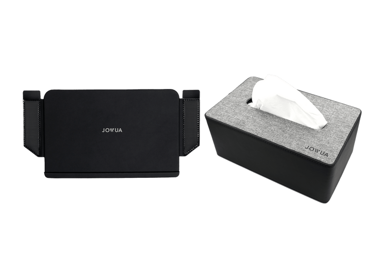 Jowua offers two black items: a stylish car accessory specifically designed for the Tesla Model Y with elastic straps on the sides, and a sleek tissue holder featuring a gray fabric cover. The JOWUA brand name is elegantly displayed on both products, adding sophistication to your vehicle's interior.