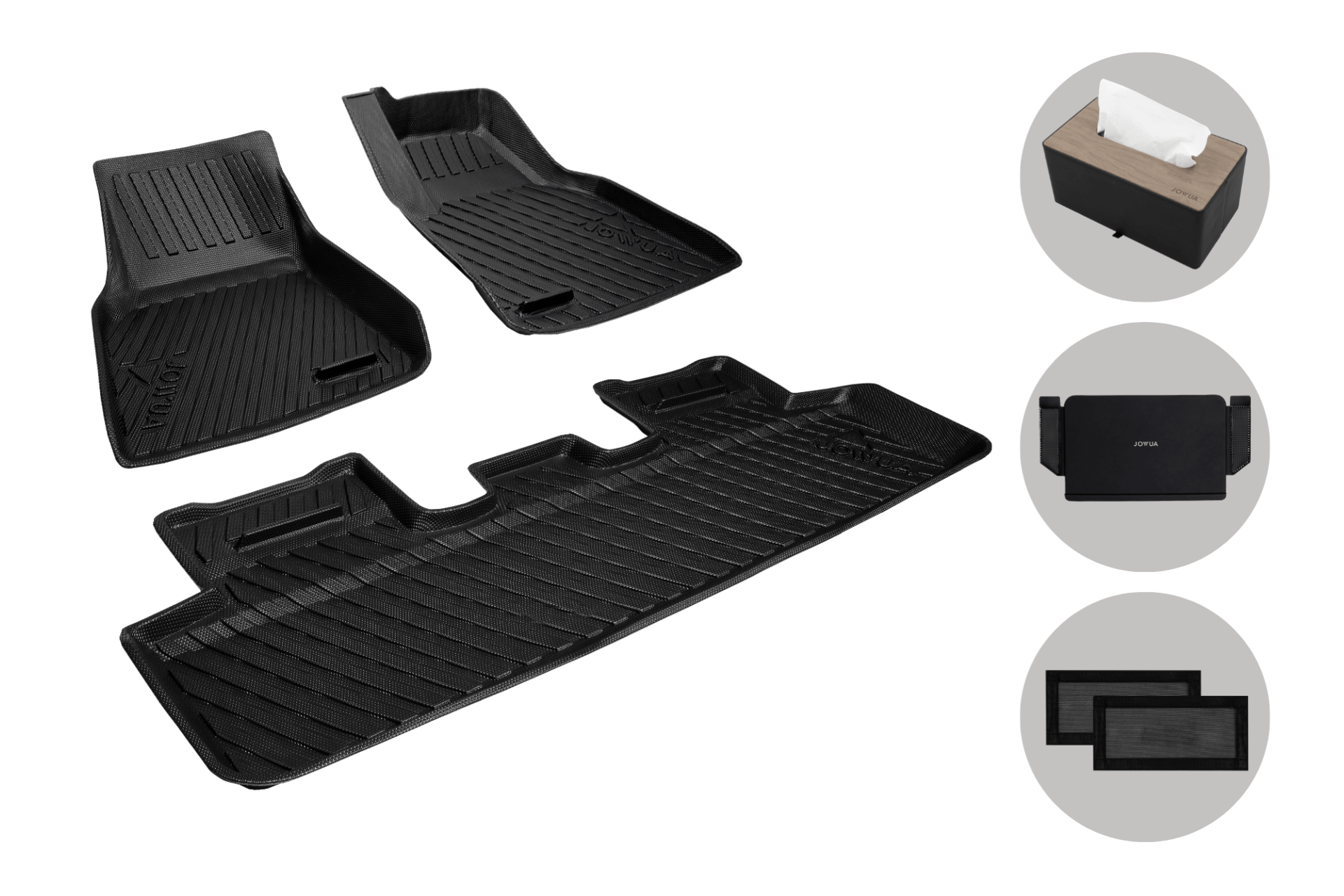 On the left, all-weather black car floor mats for a Tesla Model Y are displayed. On the right is JOWUA's Model Y Juniper Premium Bundle (Right Hand Drive Version), featuring a black tissue box with a wooden top, a black pouch with a logo, and two sleek black rectangular screens.