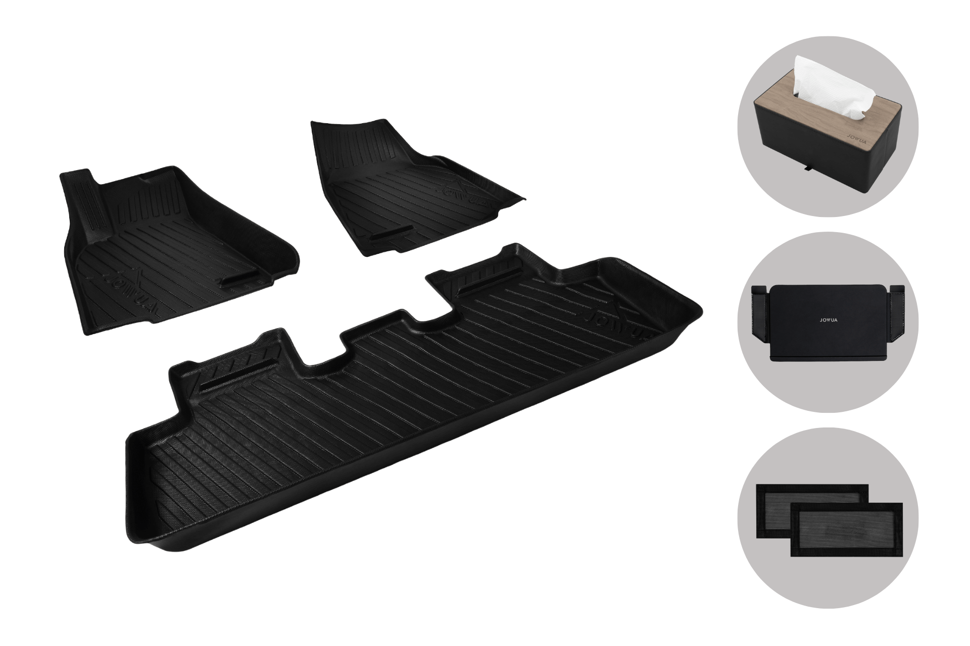 The JOWUA Model Y Juniper Premium Bundle displayed on a white background includes black rubber floor mats, a wooden-topped tissue box, a black storage pouch, and two mesh sunshades with black frames—ideal for your Tesla Model Y.