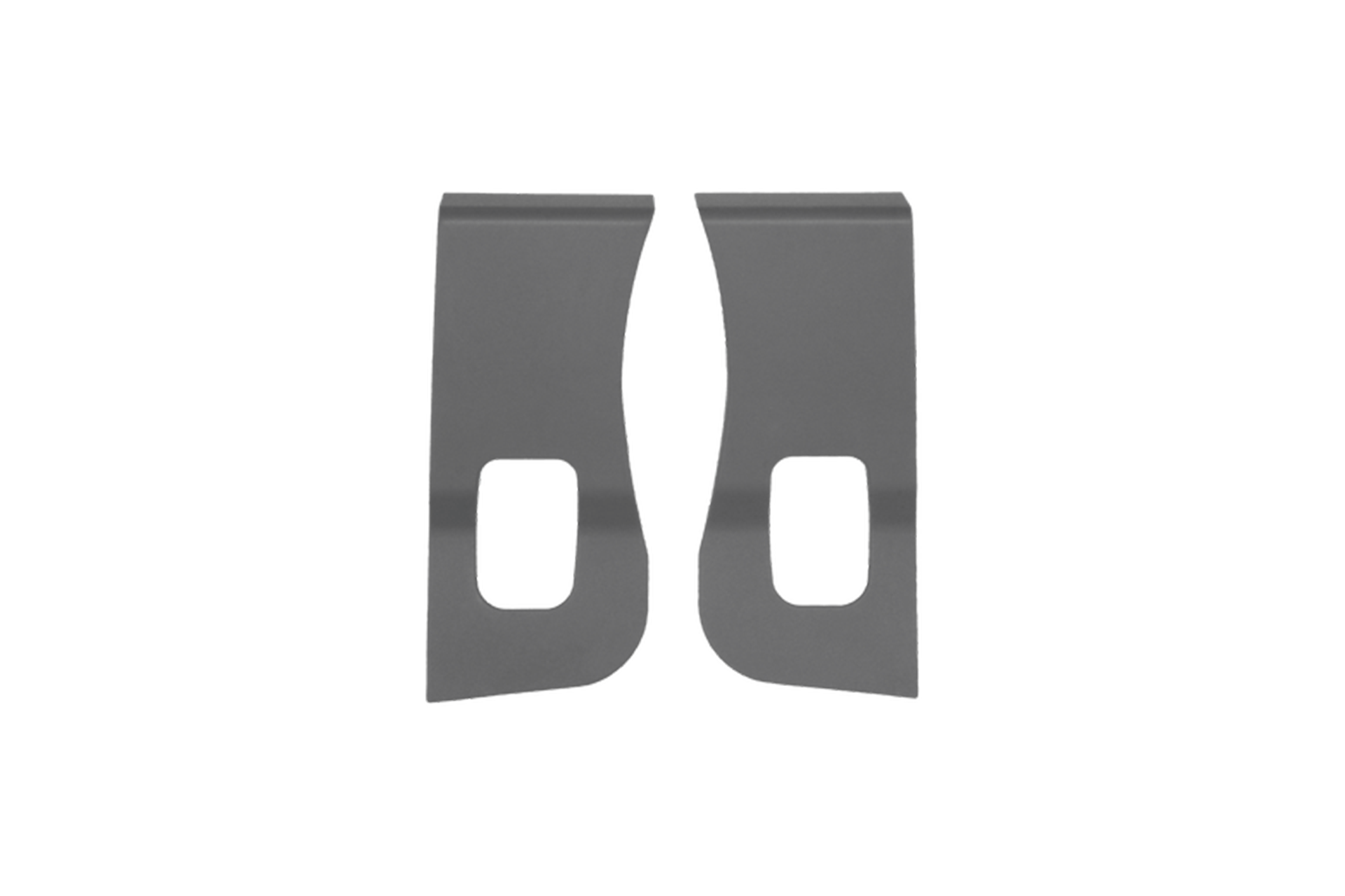 A pair of metal brackets with rectangular cutouts designed for mounting or securing objects are shown in gray, positioned side by side against a plain background. They are perfect for supporting the JOWUA Foldable Car Tray for Tesla, enhancing your vehicle's organization.