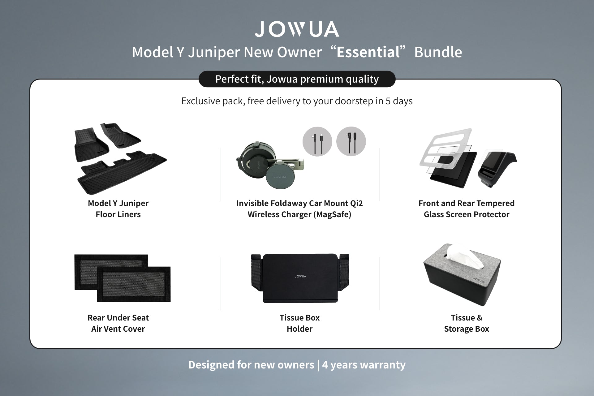 Check out the promotional image of JOWUA's Model Y Juniper Essential Bundle (Right Hand Drive Version), ideal for Tesla Model Y fans. It comes with all-weather floor liners, a Qi2 wireless charging foldaway car mount, front and rear screen protectors, a rear vent air cover, tissue box holder, and storage box.