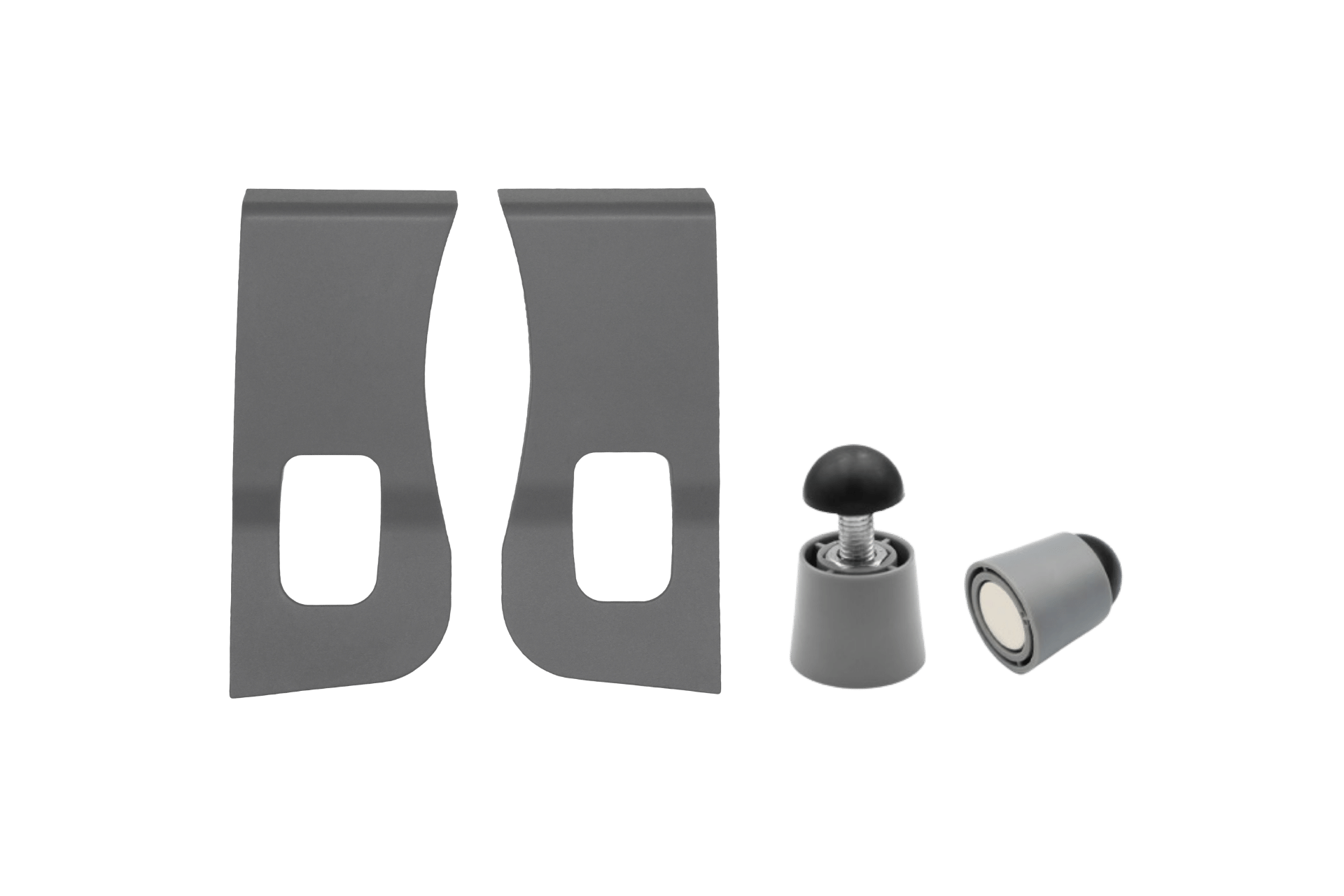 Two gray metal brackets with rectangular cutouts, along with a black and gray rubber door stopper and a magnetic stopper, seamlessly complement your JOWUA Foldable Car Tray for Tesla, enhancing its convenience.