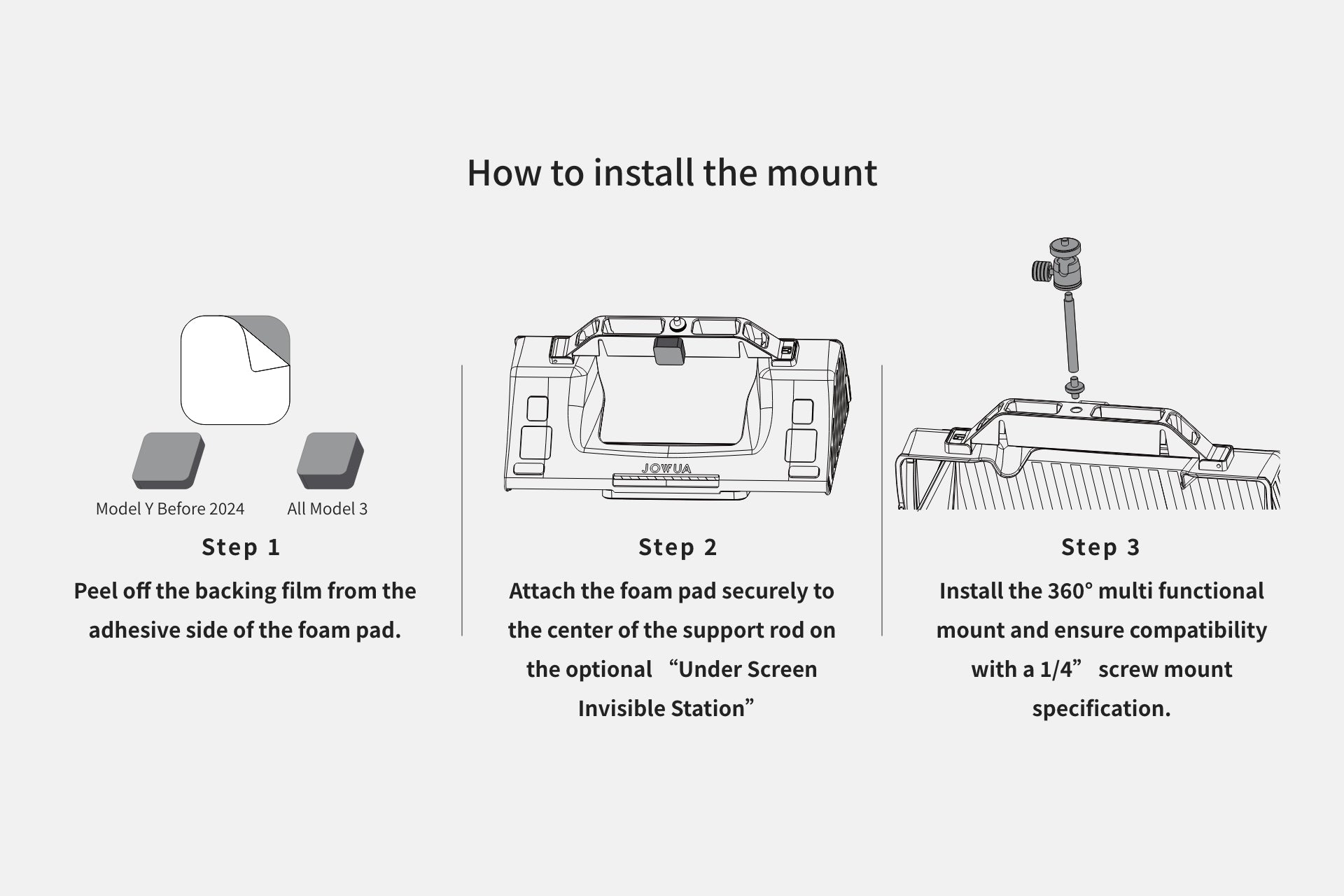 JOWUA's instructional diagram, 'How to Install the Mount,' details three steps: 1) Remove film from foam pad’s adhesive side, 2) Affix pad to support rod, 3) Securely attach JOWUA's 360° Multi Function Mount with a 1/4" screw for precise interior recording or photography equipment setup.