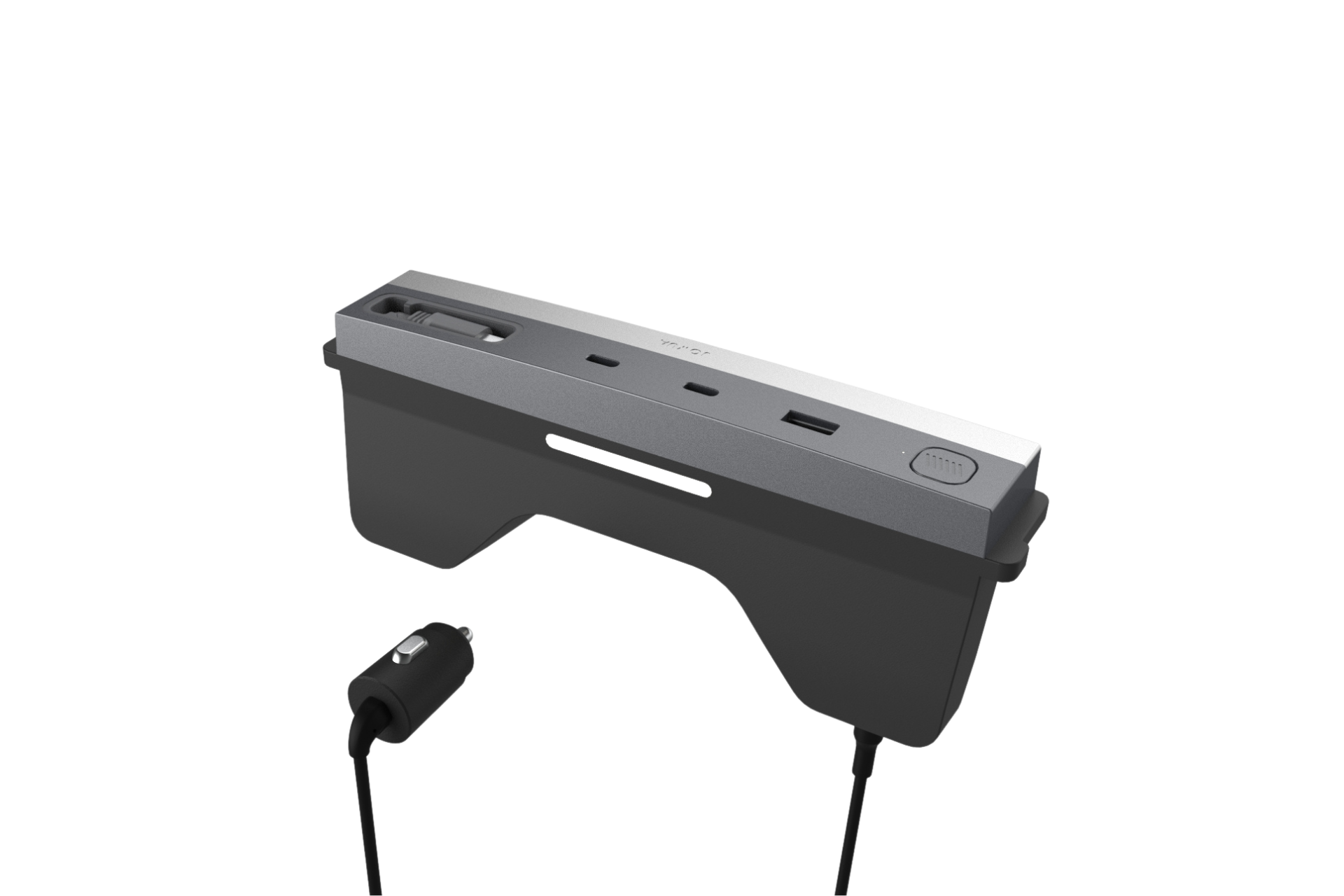 The JOWUA Model Y Juniper Premium Bundle is a sleek gray device with USB and HDMI ports, featuring a compact design with an attached cable and power plug for connectivity or wireless charging, reminiscent of high-end vehicle accessories.