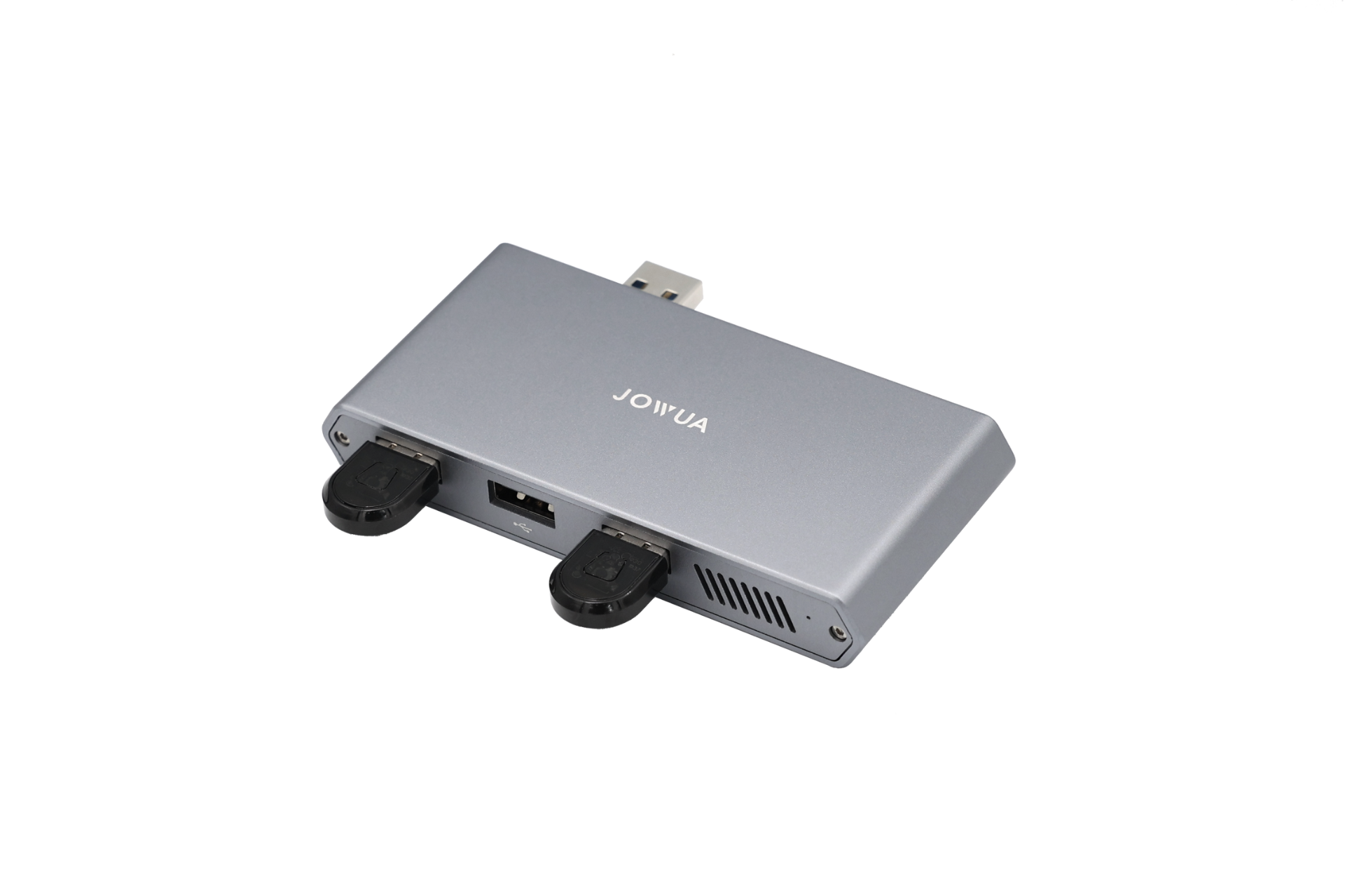 A compact, rectangular electronic device from JOWUA with a sleek grey metallic finish, the 3-Port USB DashCam Hub (1TB NVMe SSD) features two black USB ports for SuperSpeed+ Storage, an Ethernet port, and a switch. It is slightly rotated on a plain black background.