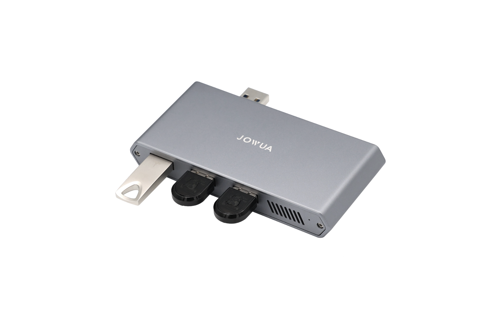 The JOWUA Tesla 1TB SSD + 3-Port HUB is a sleek gray electronic device with a USB plug and multiple black ports on its side, ideal for Tesla Owners' Data Transmission. This high-efficiency tool offers SuperSpeed+ High-Efficiency Storage capabilities, ensuring seamless connectivity for various electronics.