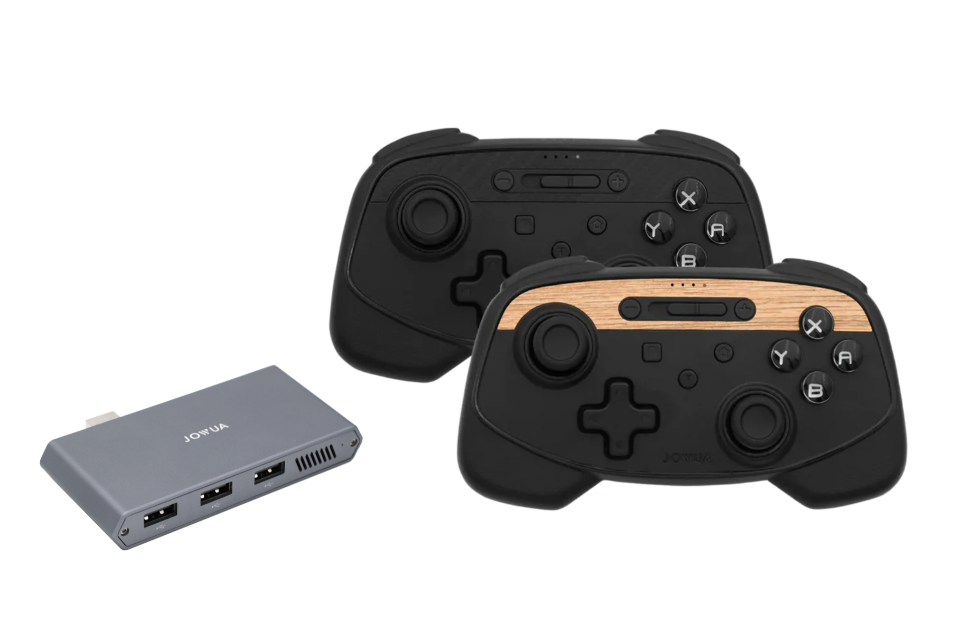 Two JOWUA Wireless Tesla Game Controllers with wooden accents pair with a compact gray USB hub featuring four ports. Compatible with Model S/X/3HL/Y Juniper/Cybertruck, they feature analog sticks, directional pads, and Bluetooth for seamless multi-device gameplay.