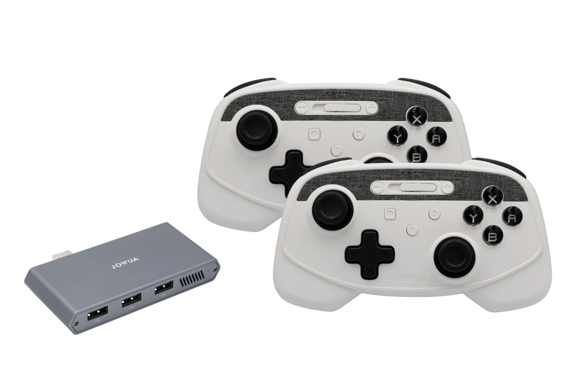 Two JOWUA Wireless Tesla Game Controllers Combo (Model S/X/3HL/Cybertruck) with white casing and black buttons are positioned beside a silver HDMI converter. The controllers feature various buttons, including circular and directional controls, while the multi-device switch converter has three visible HDMI ports.