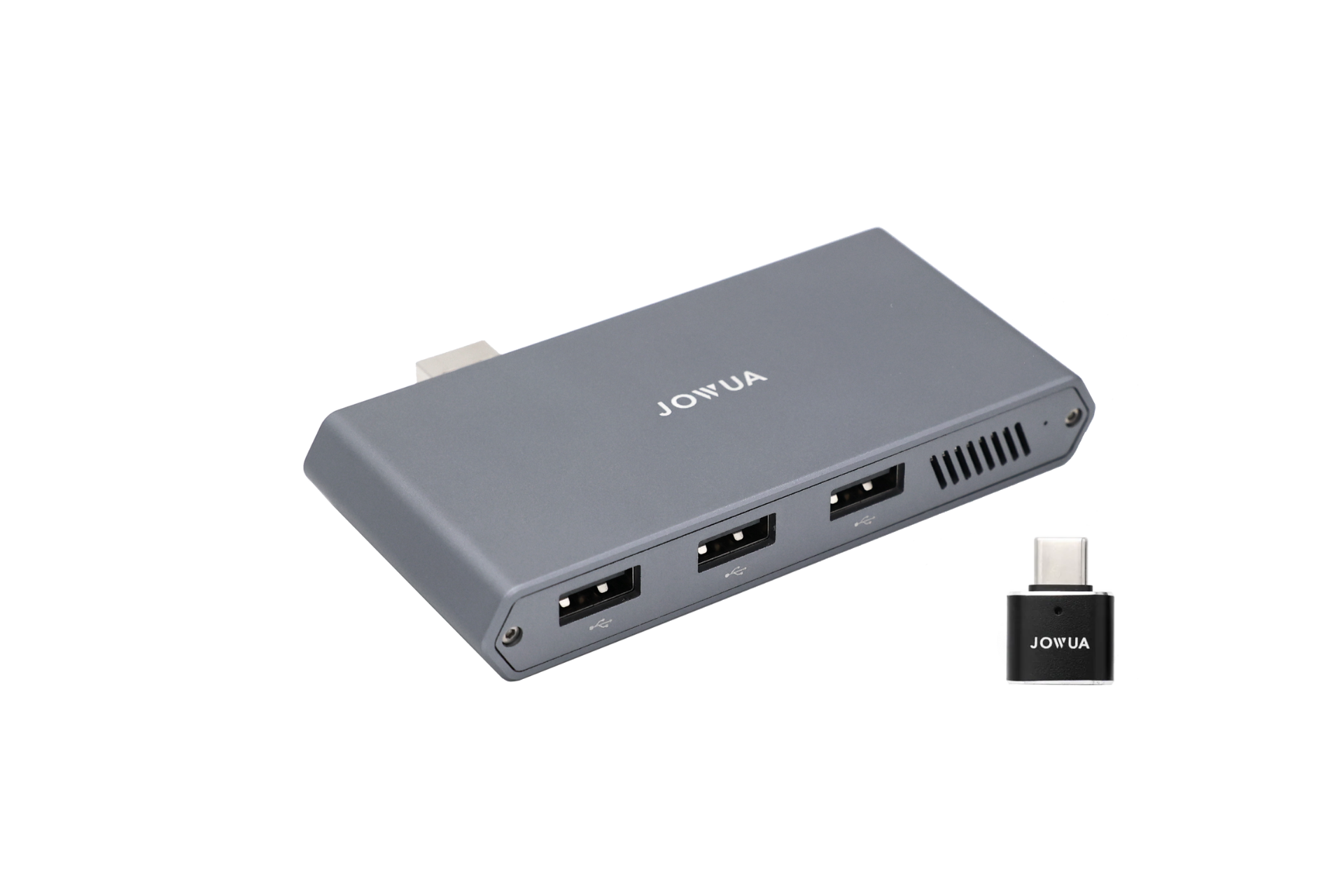 A gray JOWUA 3-Port USB DashCam Hub with a 1TB NVMe SSD, perfect for SuperSpeed+ High-Efficiency Storage, is displayed next to a small black USB-C adapter. Both items feature a sleek design with an angled edge, highlighting the brand's dedication to quality engineering. Ideal for integration with Tesla Model S/X/Model 3 Highland vehicles.