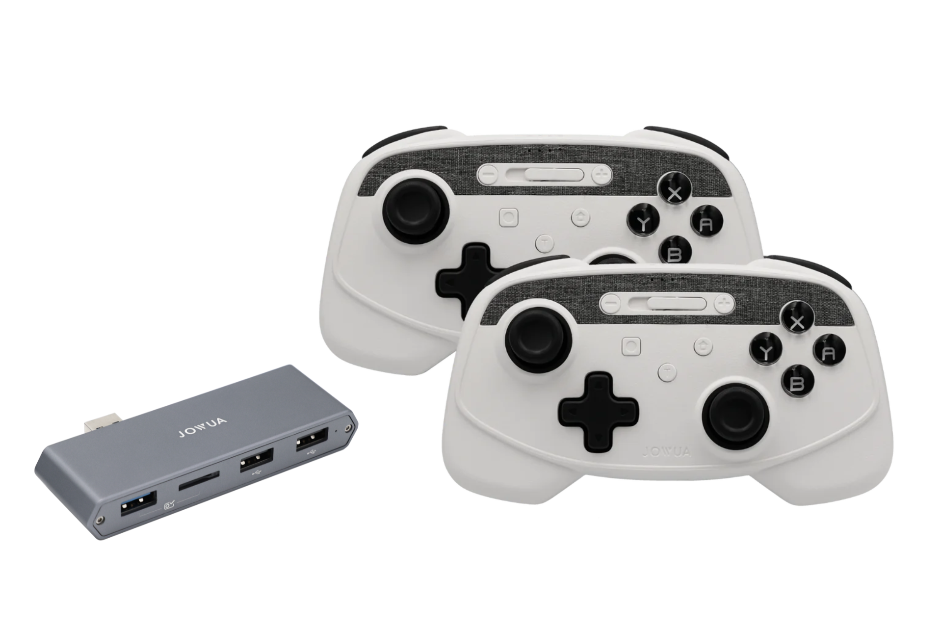 Two JOWUA Wireless Tesla Game Controllers Combo in white/gray rest beside a sleek gray USB hub with Bluetooth connectivity, three ports, and a USB connector for seamless device use.