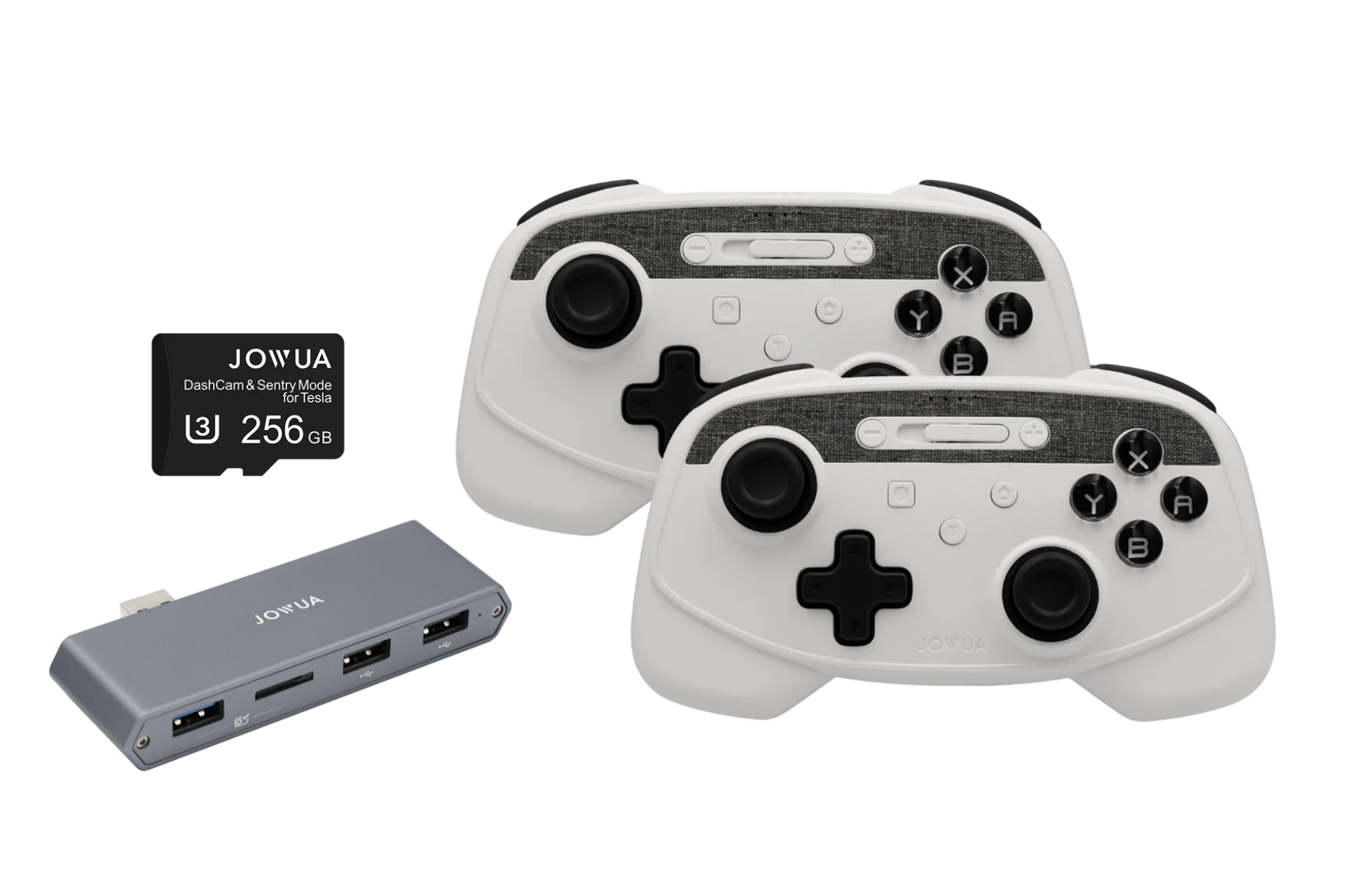 The JOWUA Wireless Tesla Game Controllers Combo, featuring two sleek white and black controllers compatible with Model S/X/3HL/Cybertruck, a spacious 256 GB memory card, and a convenient USB hub are ready for action.