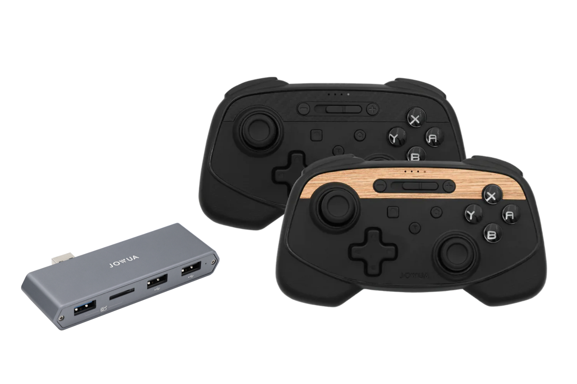 Two sleek, black Wireless Tesla Game Controllers Combo are displayed beside a gray USB hub featuring the "JOWUA" logo. These controllers come with Bluetooth Connect and support Multi-Device Switch for enhanced gaming versatility, accented with wood and multiple buttons.