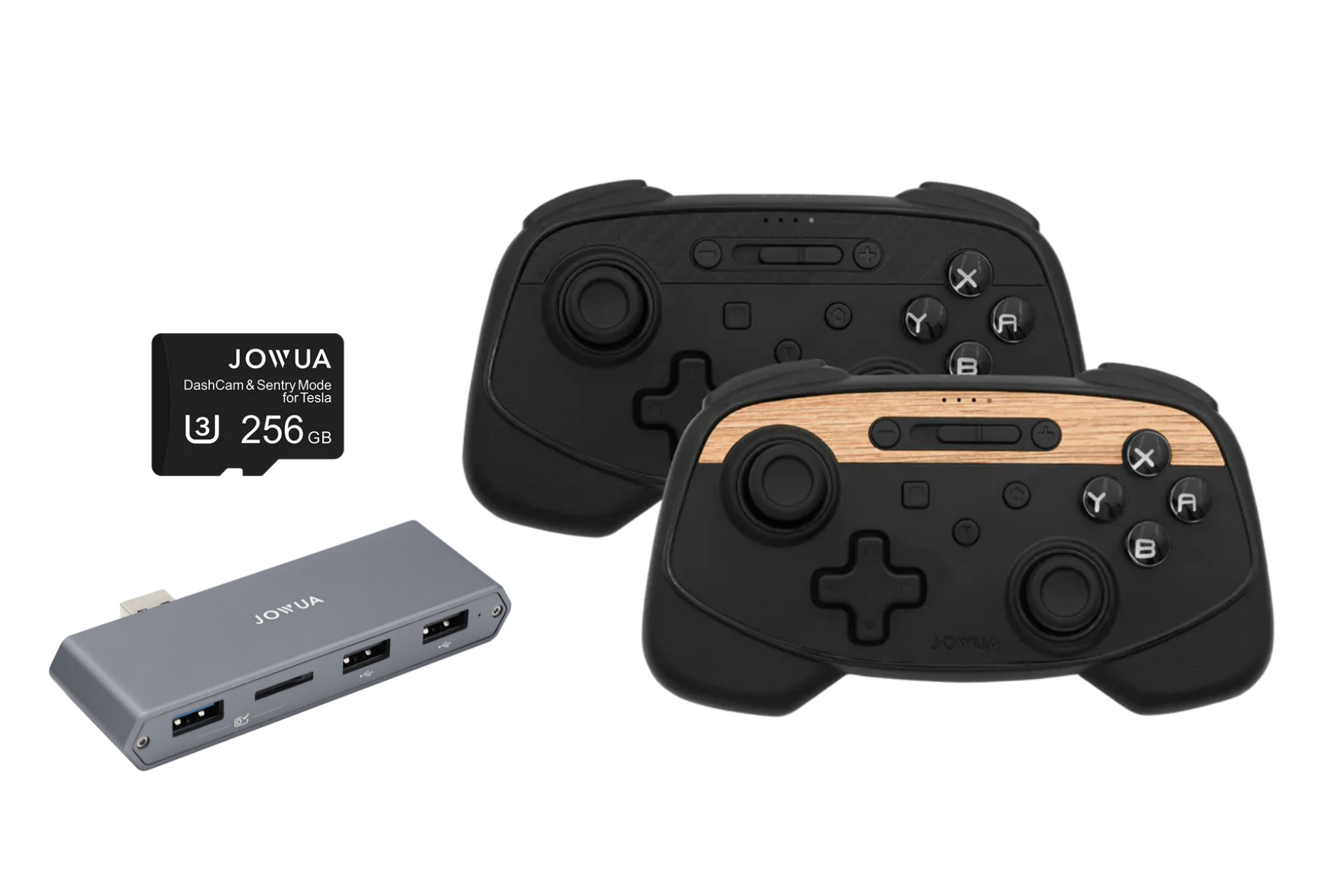 The Wireless Tesla Game Controllers Combo by JOWUA includes two sleek black controllers, one with a wooden strip finish. Featuring Bluetooth Connect, a USB hub, and a 256 GB memory card, it's perfect for seamless device switching for gaming enthusiasts.