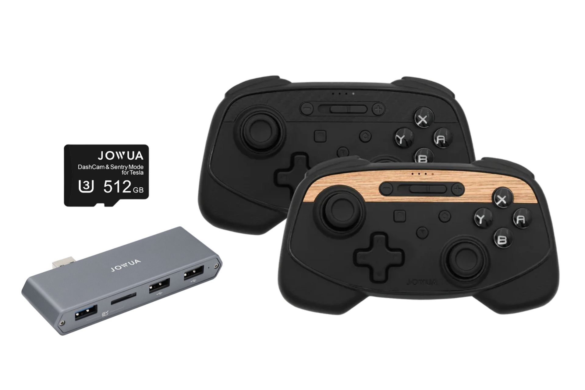 Two JOWUA Wireless Tesla Game Controllers, including a wood-paneled Bluetooth model, are shown with a 512GB memory card and a three-port USB hub.