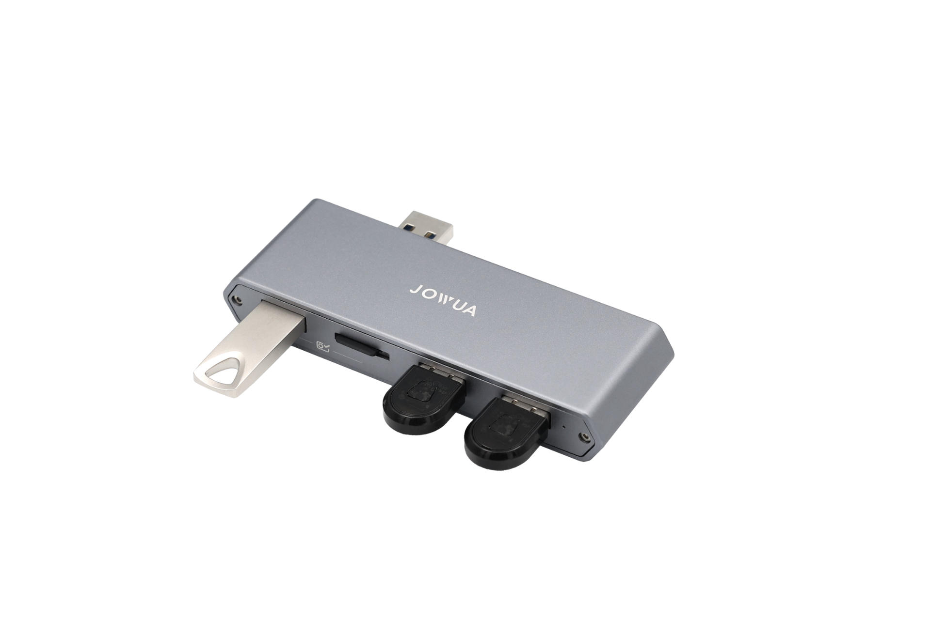 Introducing the JOWUA Dual-Function Storage HUB: a sleek silver multi-port USB hub specifically designed for expanding data ports. This versatile hub features three USB connectors, one USB-C connector, and includes a MicroSD reader and Tesla USB functionality. Displayed alongside a white USB drive and two black USB keys, it effortlessly integrates with your devices while preventing electromagnetic interference.