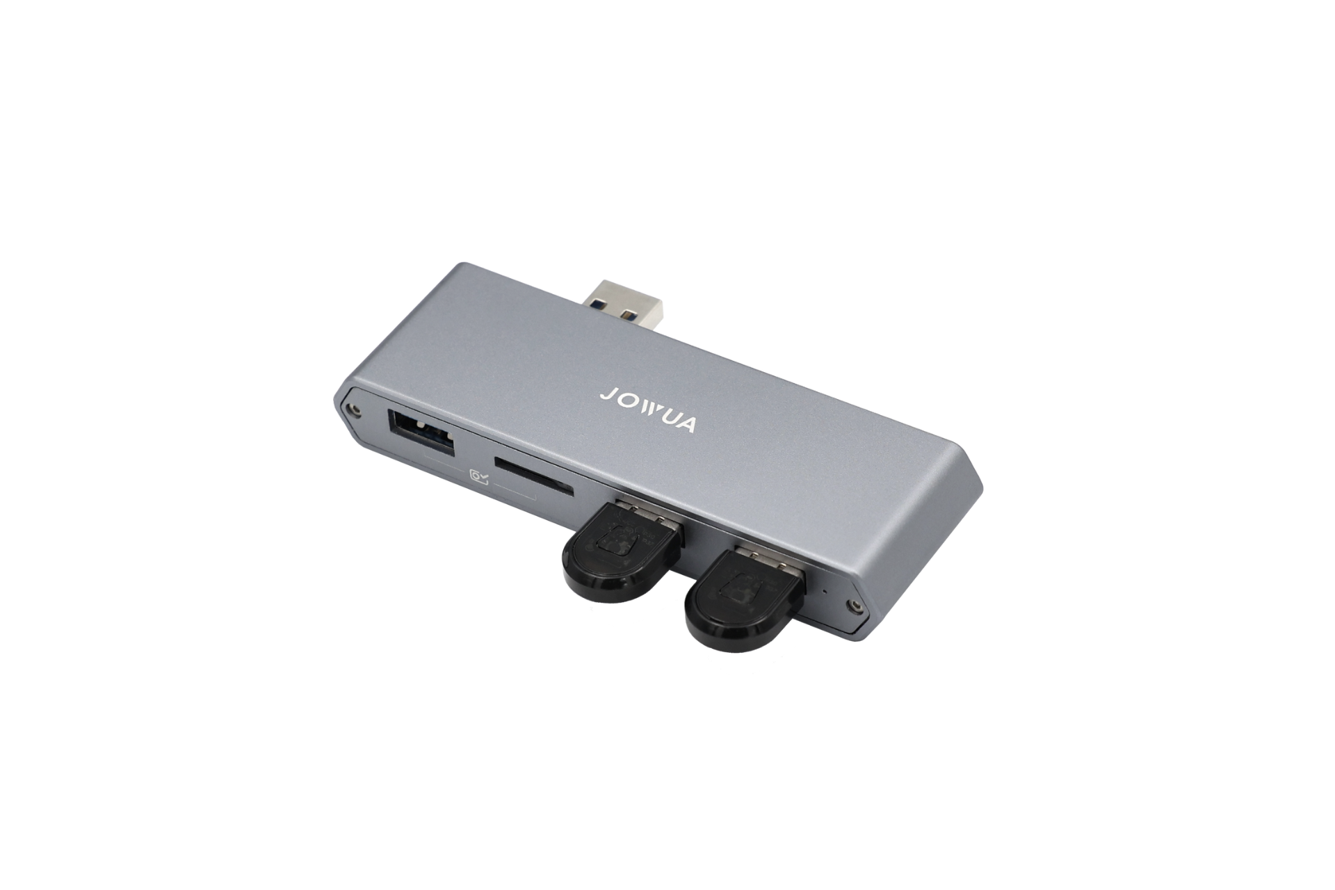 The JOWUA Dual-Function Storage HUB, featuring a gray USB-C design, provides extensive data port expansion with versatile ports such as Ethernet, USB, and card reader slots. Engineered to prevent electromagnetic interference, it elegantly complements a black background.