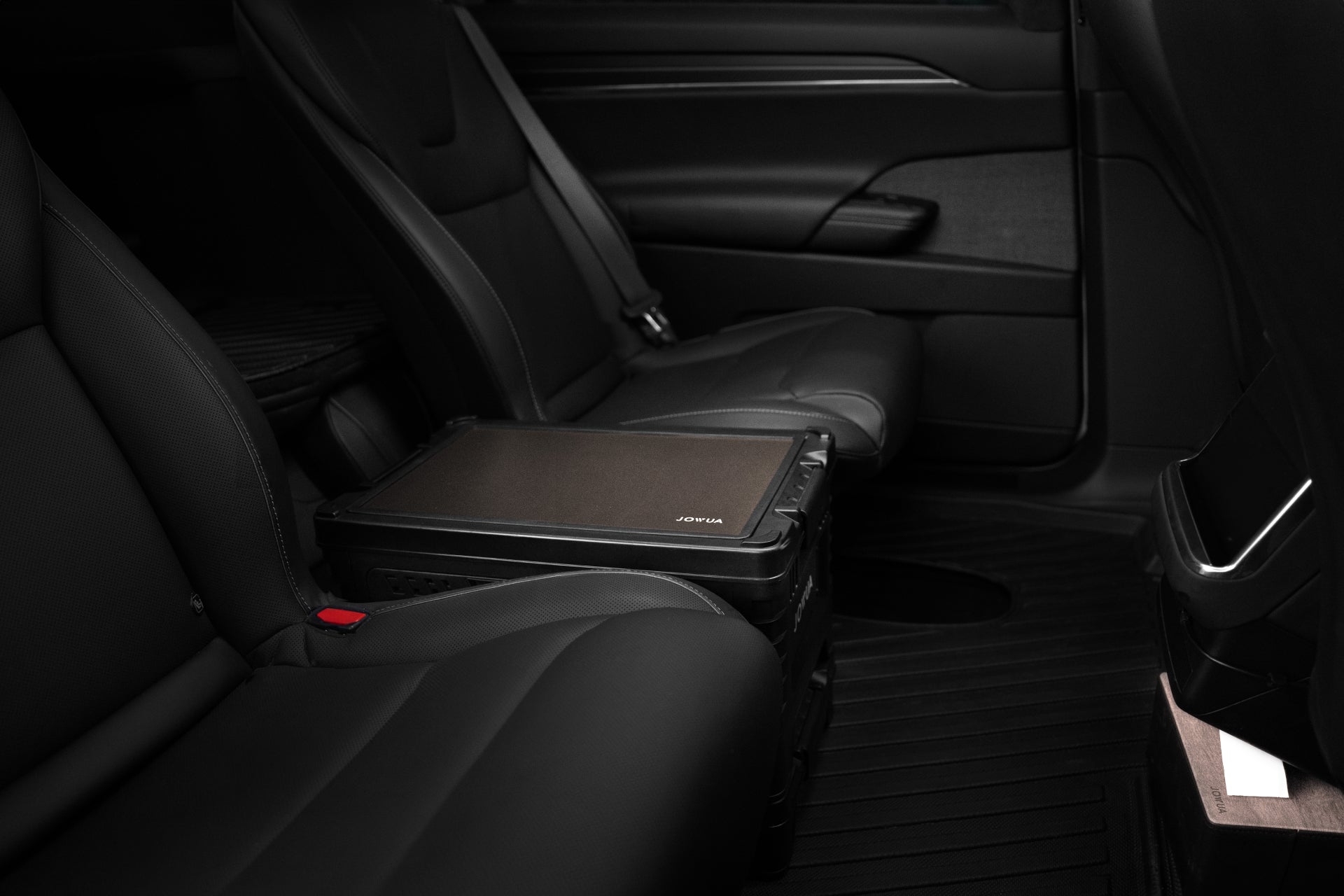 The image highlights a JOWUA 30L Stackable Storage Box and Trunk Organizer for Teslas, seamlessly integrated into the car's interior known for its spacious rear seats and sleek design. Upholstered in luxurious black leather, these seats reflect modern elegance. The clever storage solution in the rear seat further complements this neat setup, enhancing both functionality and style.