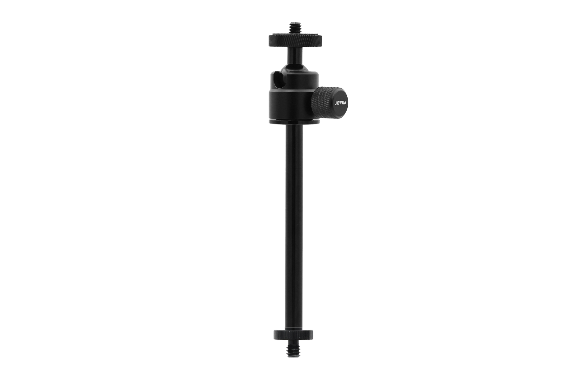 The JOWUA 360° Multi Function Mount, featuring a black mounting arm with adjustable knobs and a threaded screw at the bottom, includes an adjustable ball head for flexible positioning. Ideal for photography equipment or recording devices, its sleek design is enhanced against a white background.