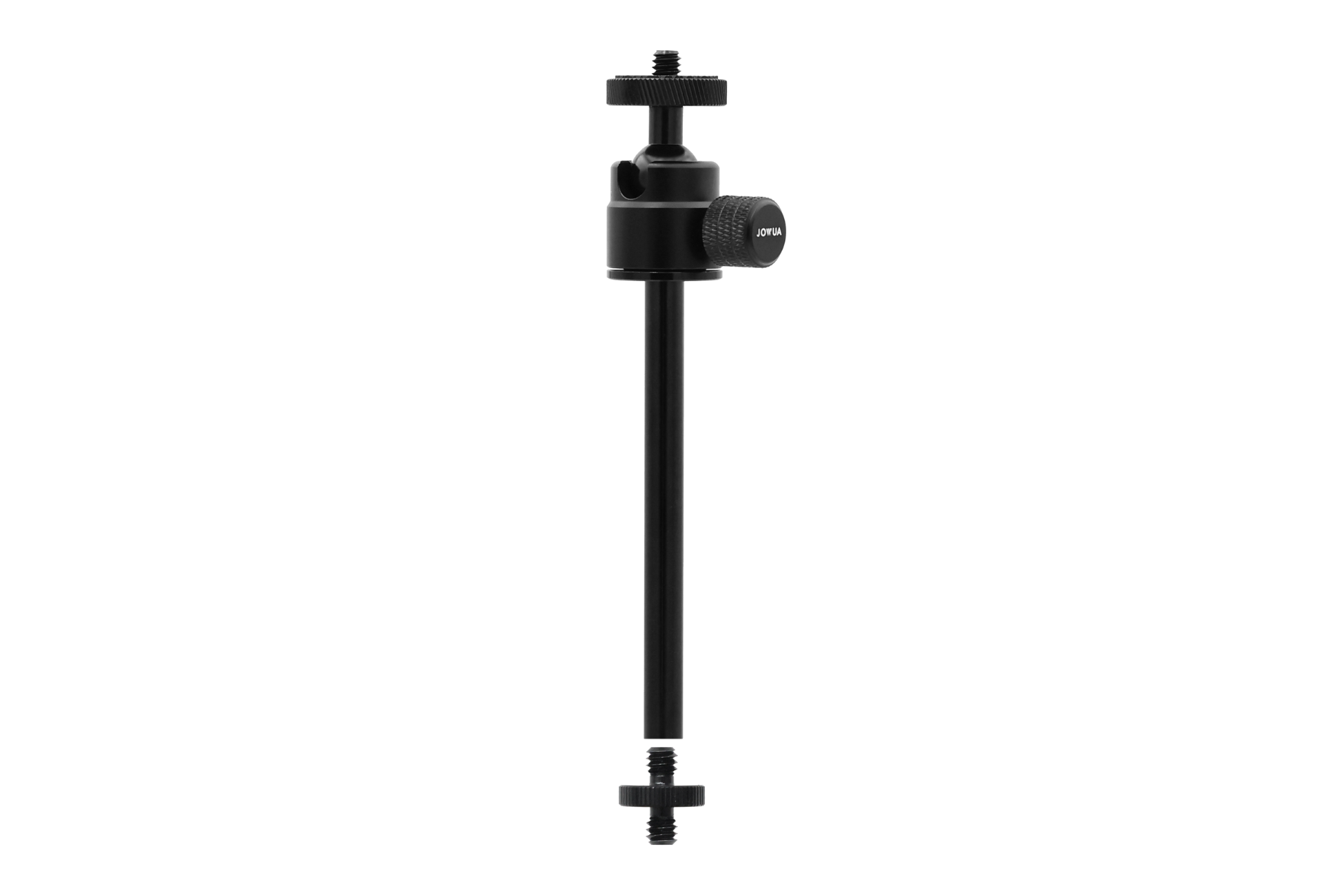 The JOWUA 360° Multi Function Mount is a black mounting pole with adjustable knobs, featuring an adjustable ball head at the top and a threaded screw at the bottom. Ideal for attaching photography equipment like cameras or lighting, it enhances your recording setup effortlessly.