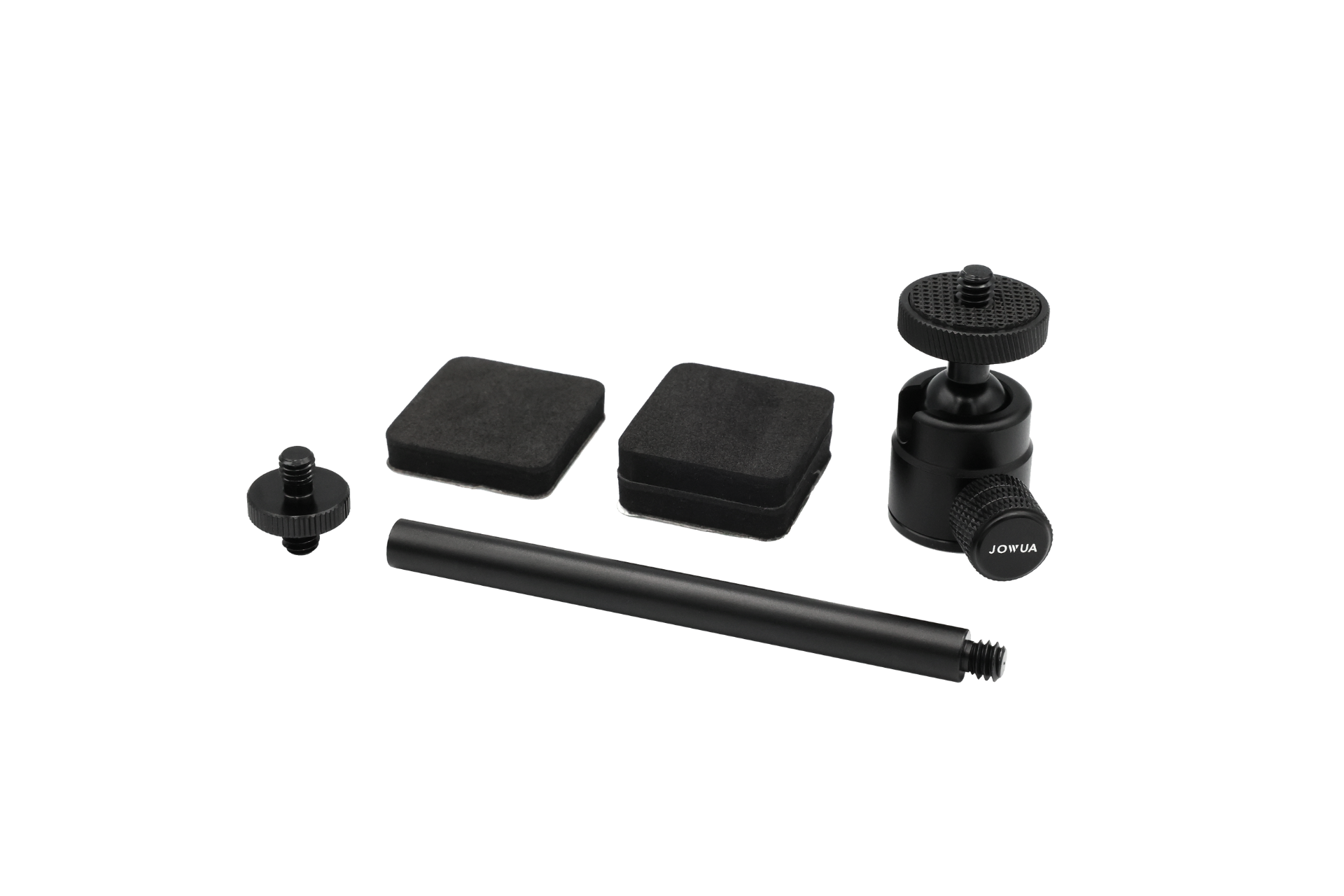 The JOWUA 360° Multi Function Mount set includes an adjustable ball head mount, two black square pads, a cylindrical rod, and a small screw mount. It's meticulously arranged on a white background, perfect for both recording setups and creative shoots.