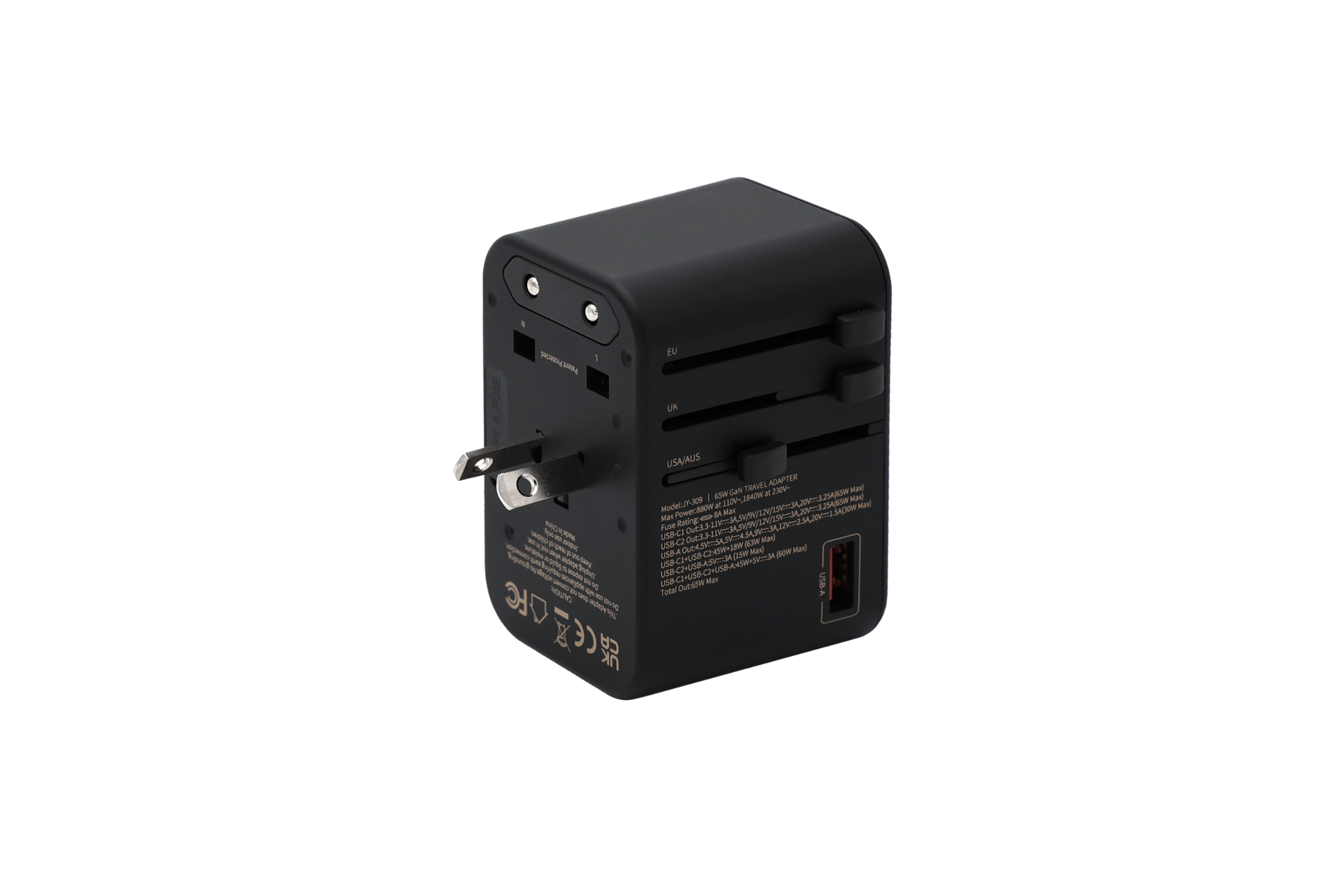 The JOWUA 65W GaN Travel Adapter is a black universal travel adapter equipped with multiple plug and socket types for international use. It features 65W fast charging capabilities, includes a USB port on the side, and has visibly distinct prongs tailored for different regions, all showcased against a white background.