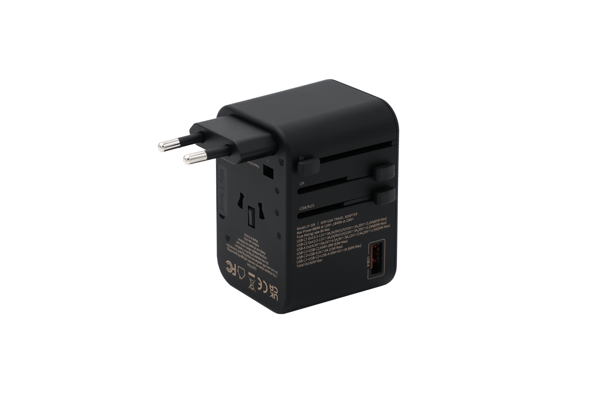 Introducing the JOWUA 65W GaN Travel Adapter, a compact black device equipped with multiple plug configurations and a USB port, all set against a sleek white background. This universal travel adapter offers fast charging capabilities, features GaN technology, and proudly displays its safety certifications and symbols on its side.