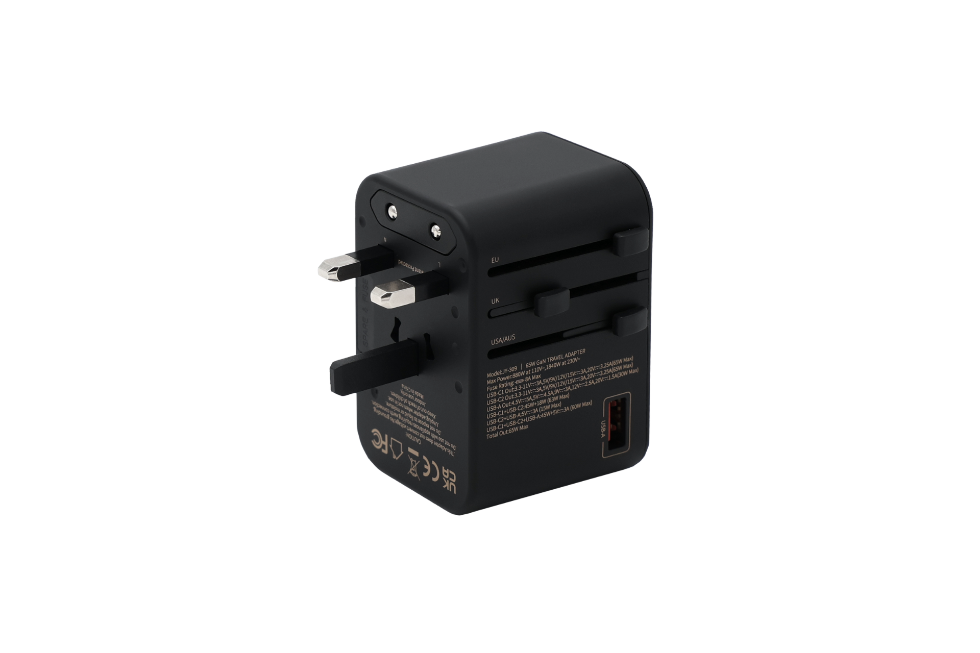 A sleek and compact JOWUA 65W GaN Travel Adapter, featuring dual USB ports and retractable AC plugs, is designed for international use. It incorporates GaN technology for fast charging and includes visible power ratings and regulatory markings.