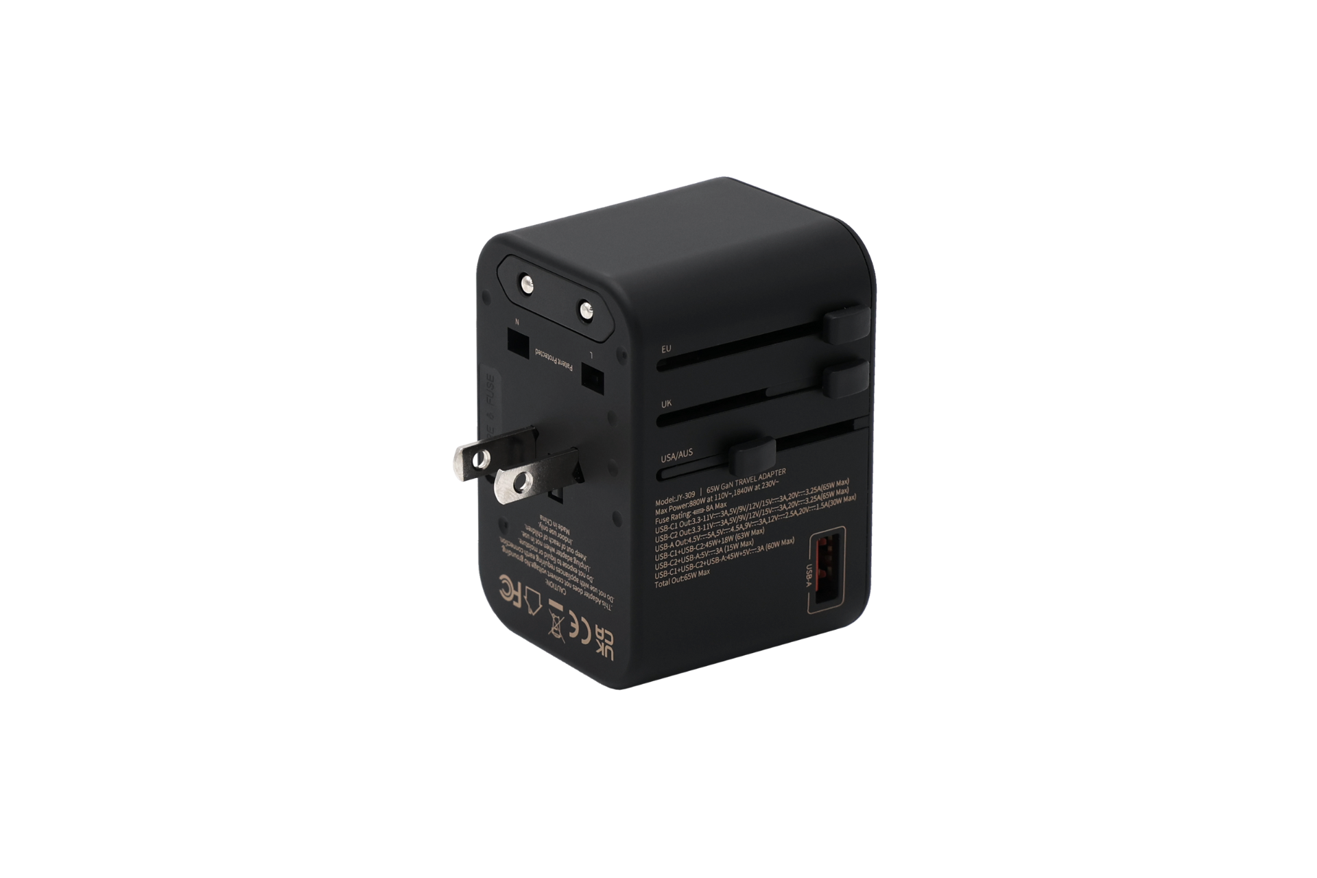 The JOWUA 65W GaN Travel Adapter, available in black, is displayed featuring multiple plug options and a USB port. It includes 65W fast charging capabilities, retractable prongs, and compatibility symbols on its side, making it ideal for international charging requirements.