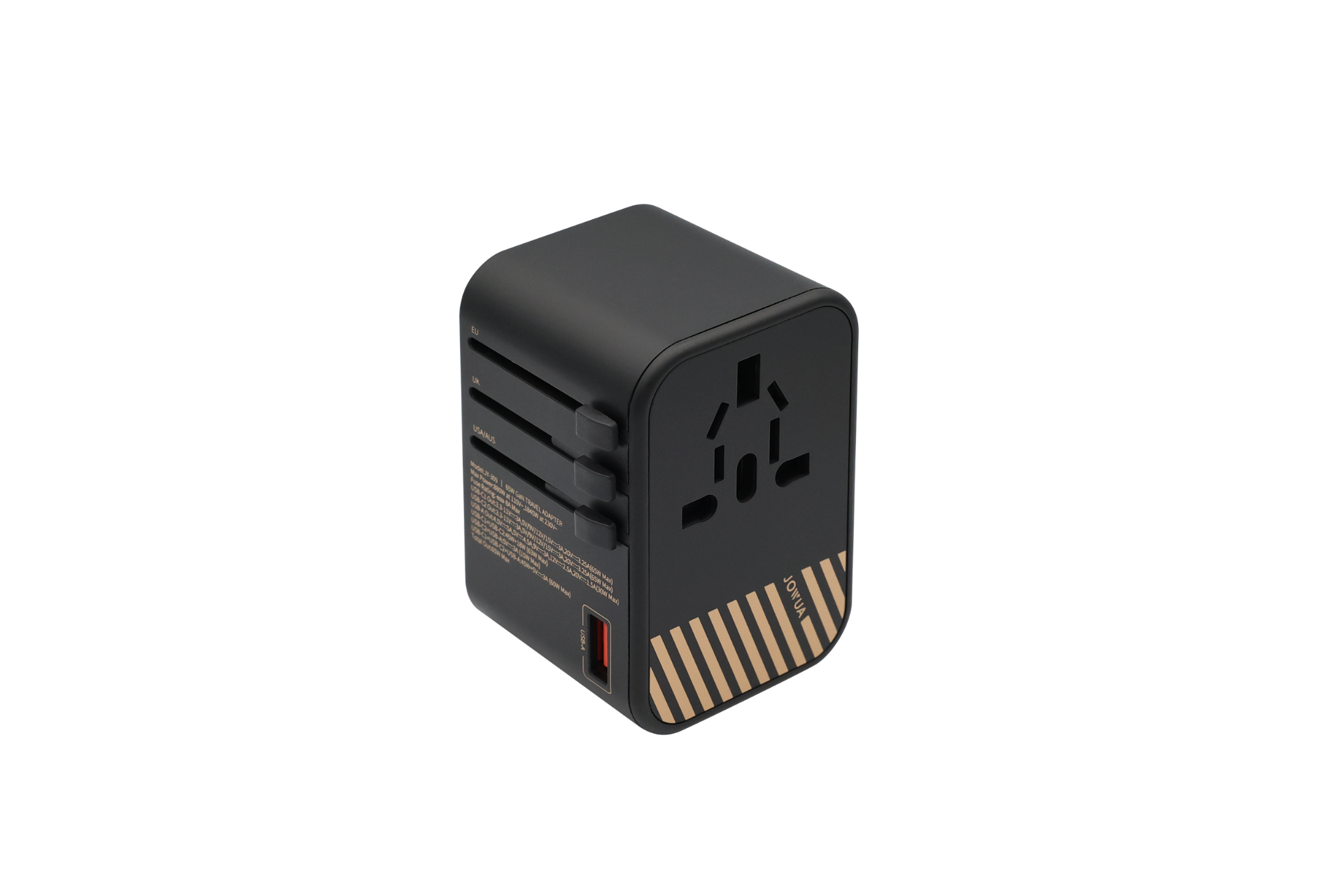 Introducing the JOWUA 65W GaN Travel Adapter, a sleek black universal adapter featuring multiple plug configurations and a USB port. With its advanced GaN technology for rapid 65W charging, it boasts an elegant stripe pattern on the lower half, making it ideal for your international charging requirements.