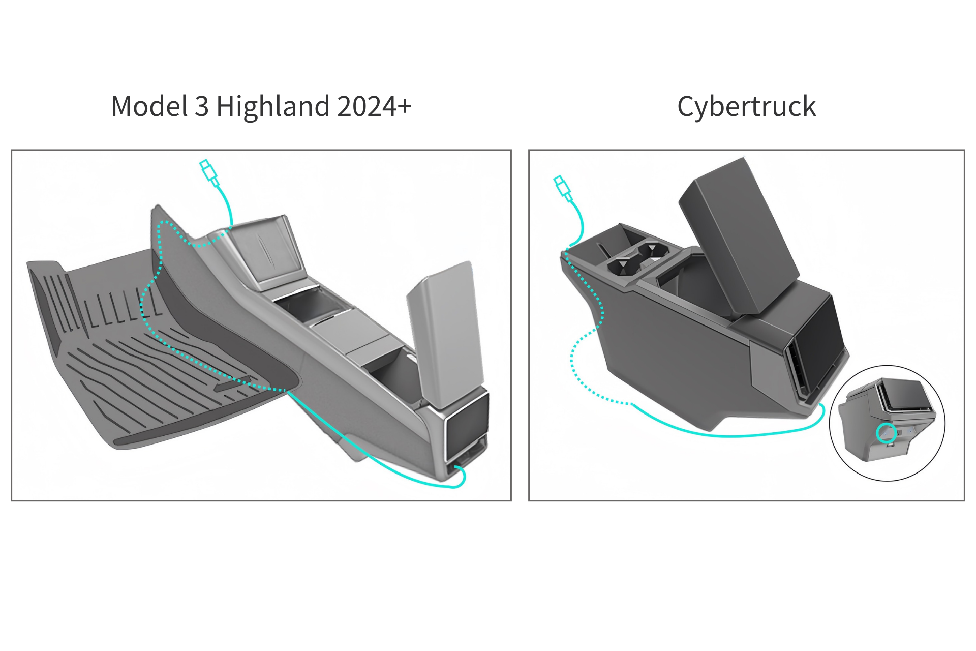 Comparison of the Model 3 Highland 2024+ and Cybertruck consoles: Both have compartments and cup holders. The Model 3 features JOWUA's Qi2 wireless charger with angular design, while the Cybertruck emphasizes utility with storage spaces and a detailed design.