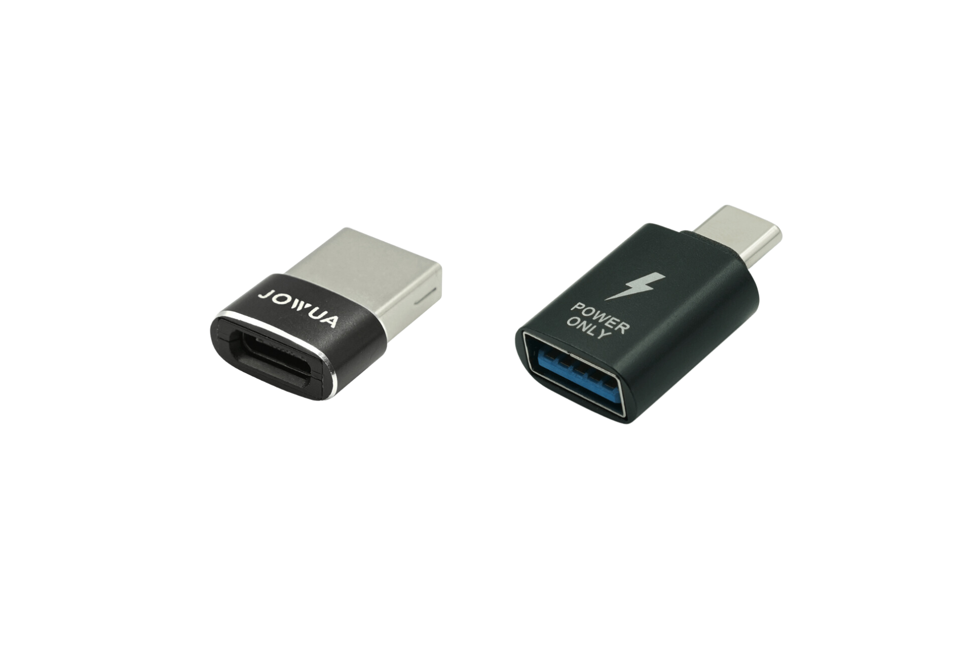 Two USB adapters are shown on a white background: the left one is labeled "JOWUA" and is a USB-C to USB-A adapter. The right one is marked "POWER ONLY" with a lightning symbol, supporting Power Delivery and featuring a USB-A female to USB-C male connector. This setup is ideal for use with products like the Apple Watch Tesla Charging Kit.