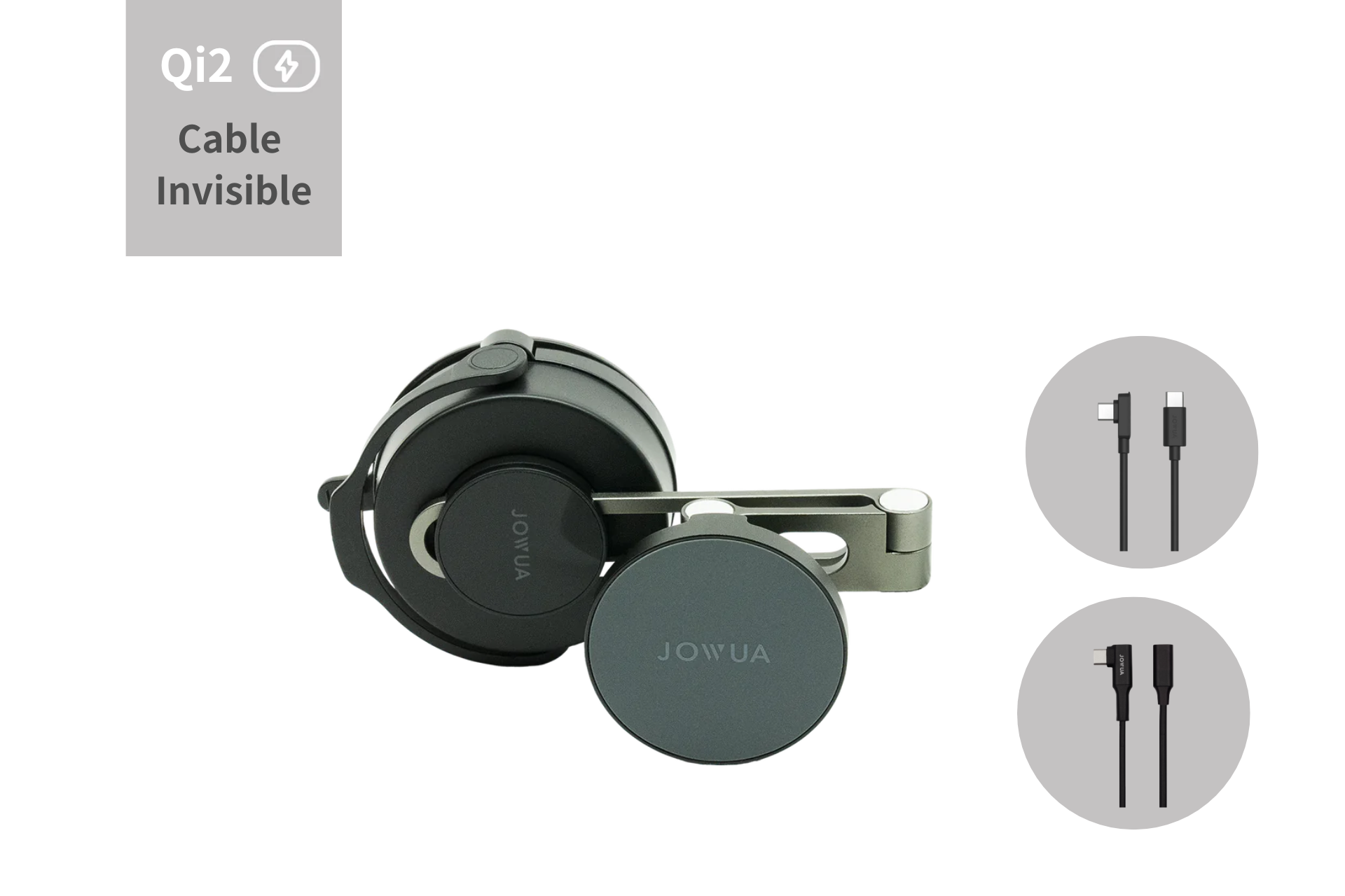 Folded black and gray JOWUA wireless headphones sit by a charging pad. Diagrams show charge connections, perfect for the Tesla Model Y. The label reads "Qi2 Cable Invisible," featuring a lightning bolt icon. Product: Model Y Juniper Advanced Bundle (Right Hand Drive Version).