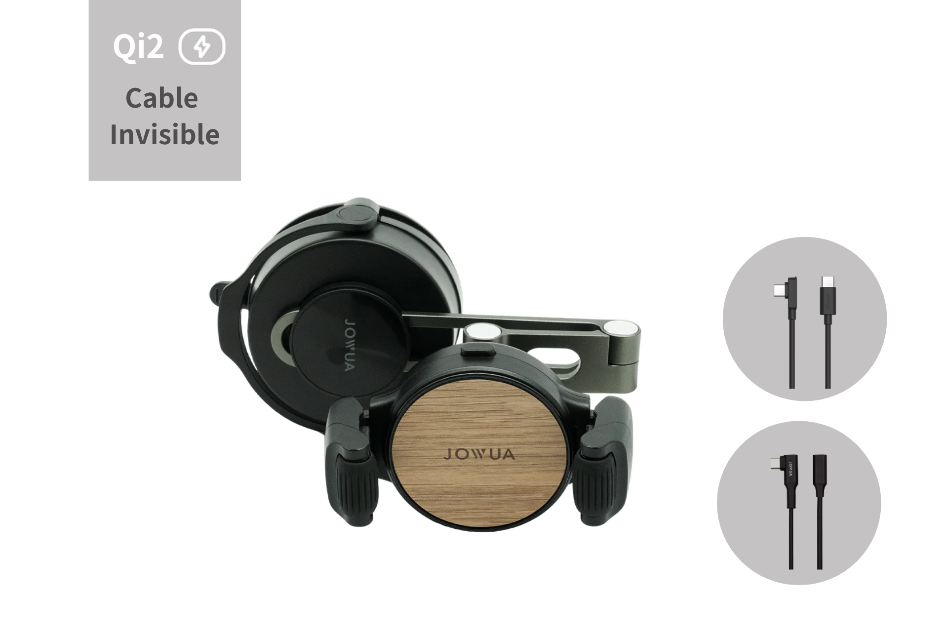 The JOWUA 6D Tesla Compatible Invisible Foldaway Car Mount Qi2 Wireless Charger for Model 3 Highland 2024+/Y Juniper 2025/Cybertruck, featuring a wooden finish, offers an invisible cable design and patented 480° rotation with two inset images showing diverse device connections.